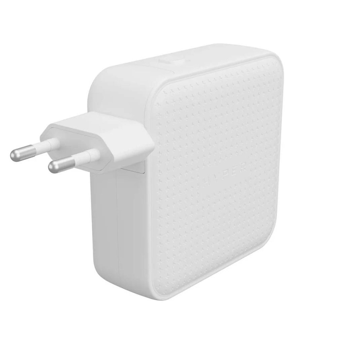 Un adattatore di alimentazione rettangolare bianco con due pin argentati su sfondo bianco.