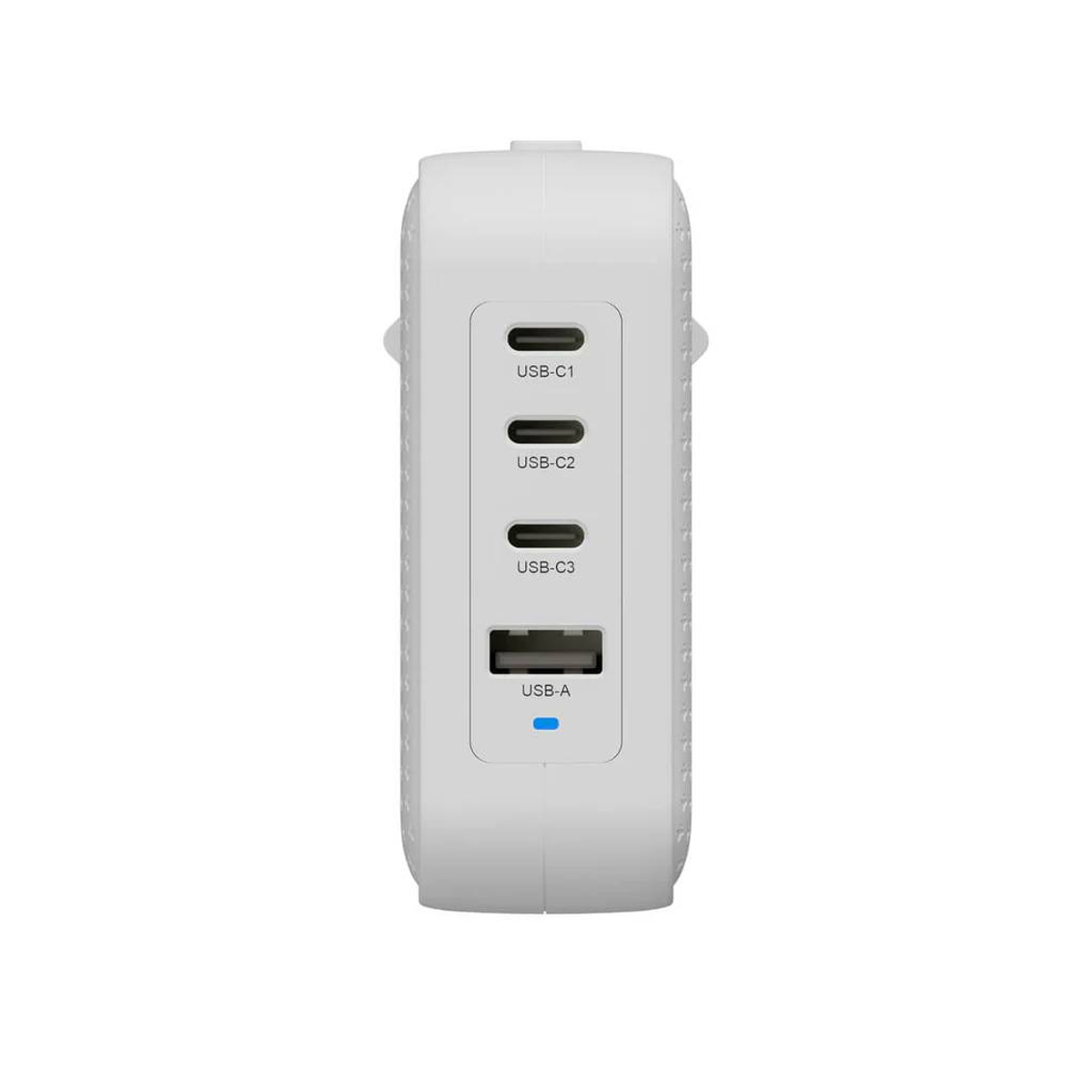 Un adattatore di alimentazione bianco con quattro porte USB etichettate USB-C e USB-A.