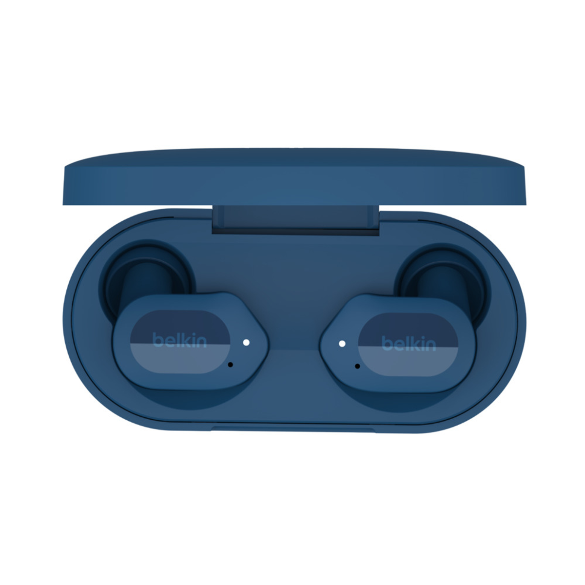 Para niebieskich słuchawek w otwartym niebieskim etui ładującym.