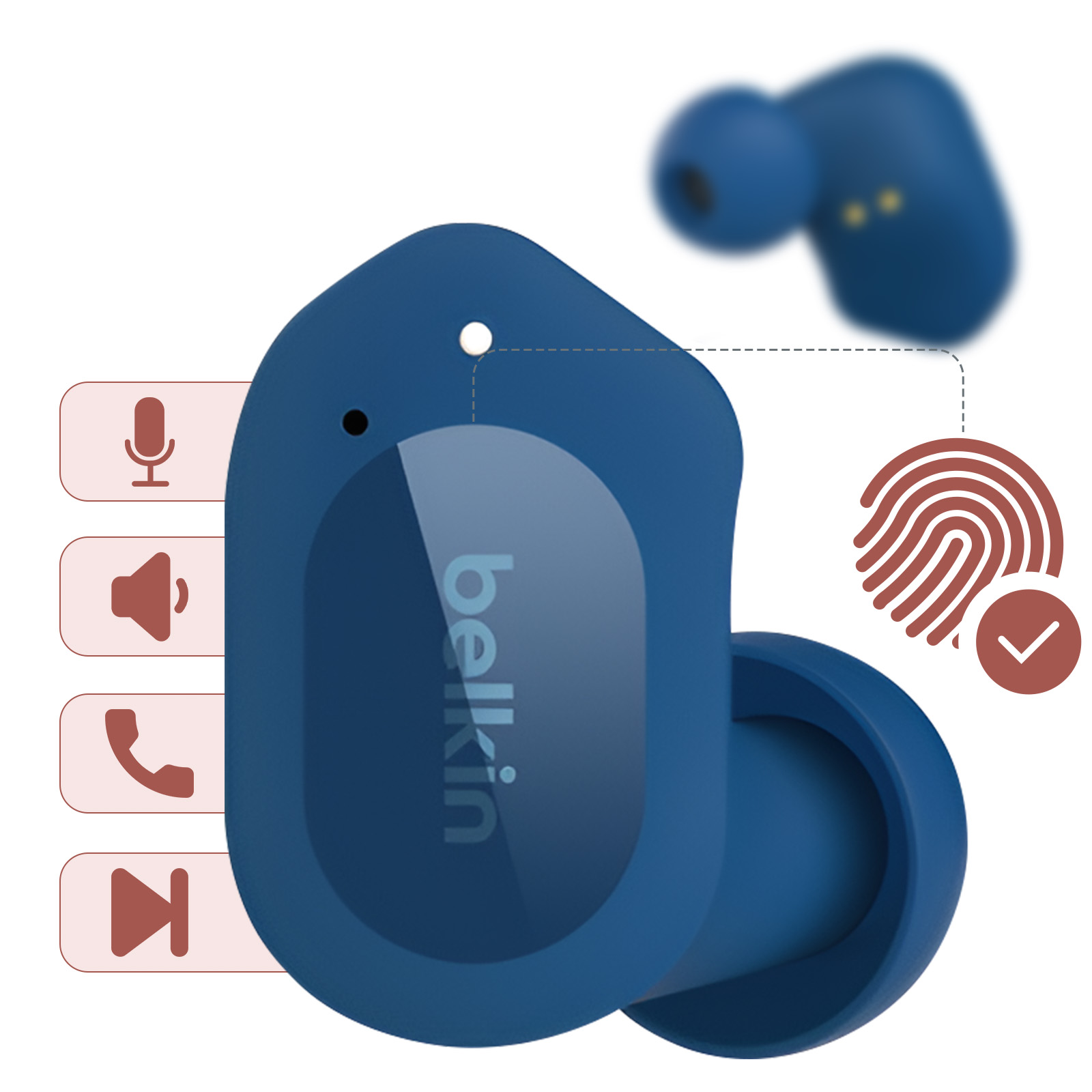 Niebieskie bezprzewodowe słuchawki z ikonami mikrofonu, głośności, telefonu i odtwarzania.