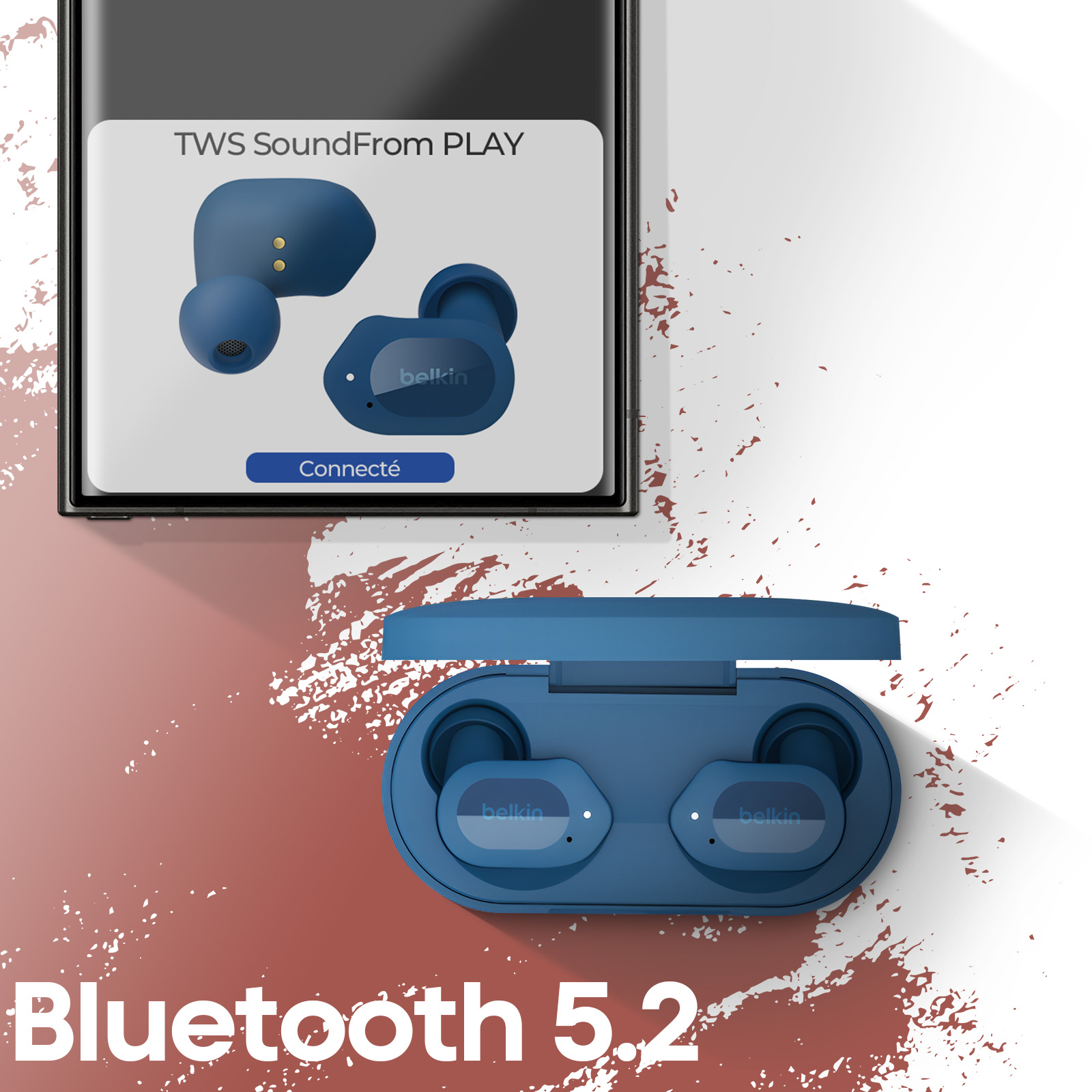 Niebieskie bezprzewodowe słuchawki douszne w etui ładującym. Wyświetlacz pokazuje połączenie z telefonem.