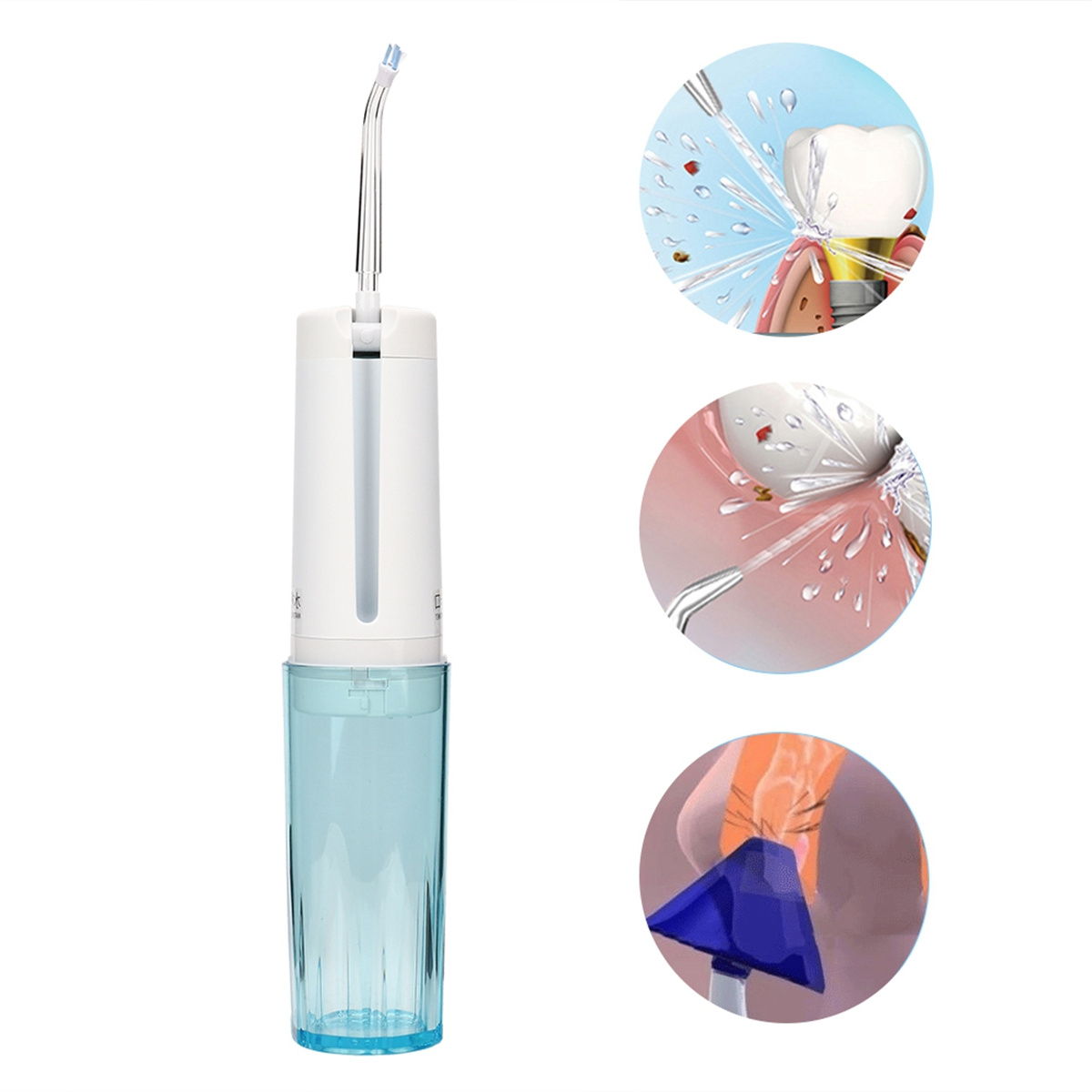 Ein weiß-blauer Wasser-Flosser mit drei Nahaufnahmen, die den Flossprozess zeigen.