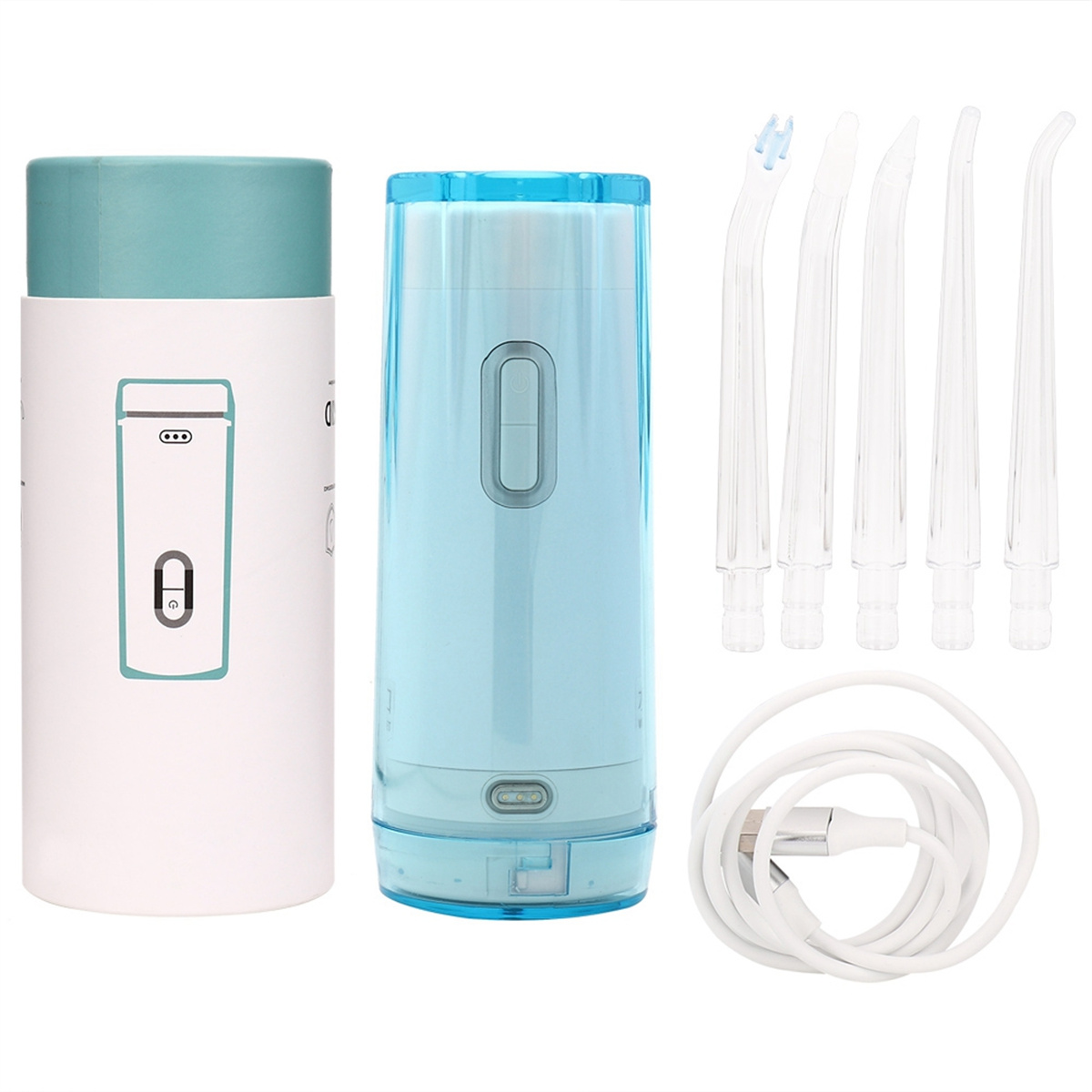 Blau-weißes Mundduschen-Set. Enthält das Hauptgerät, mehrere Aufsätze und ein USB-Ladekabel.