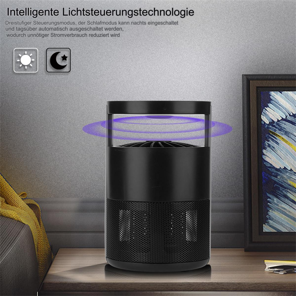 Schwarze Insektenfalle mit violettem Licht. Sie steht auf einem Nachttisch mit einem gerahmten Bild.