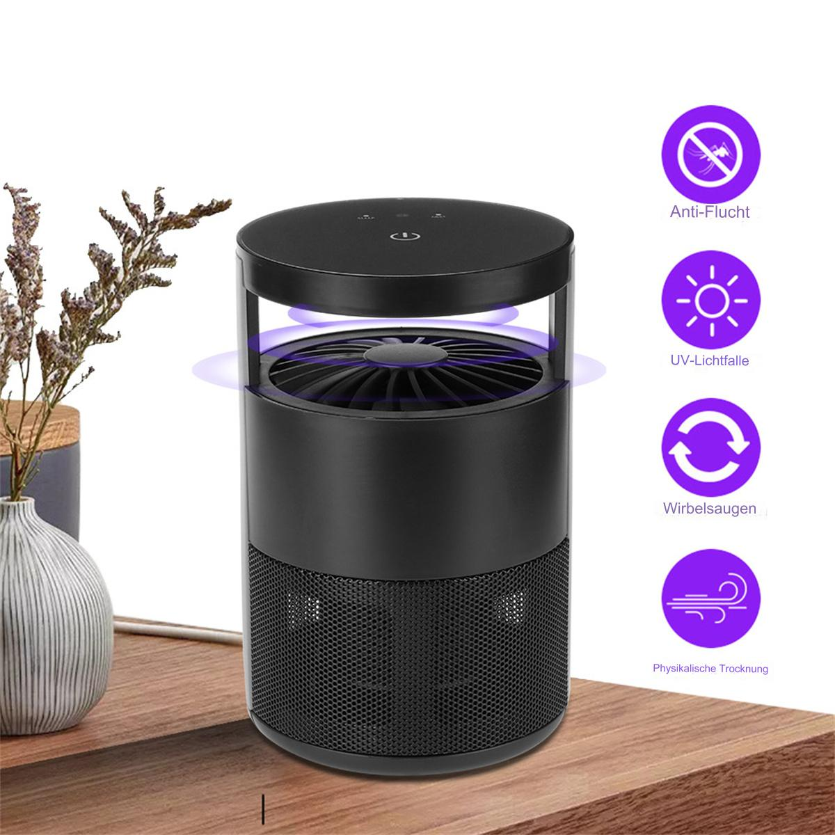 Schwarze Mückenfalle mit UV-Licht, mit Symbolen, die Funktionen angeben.