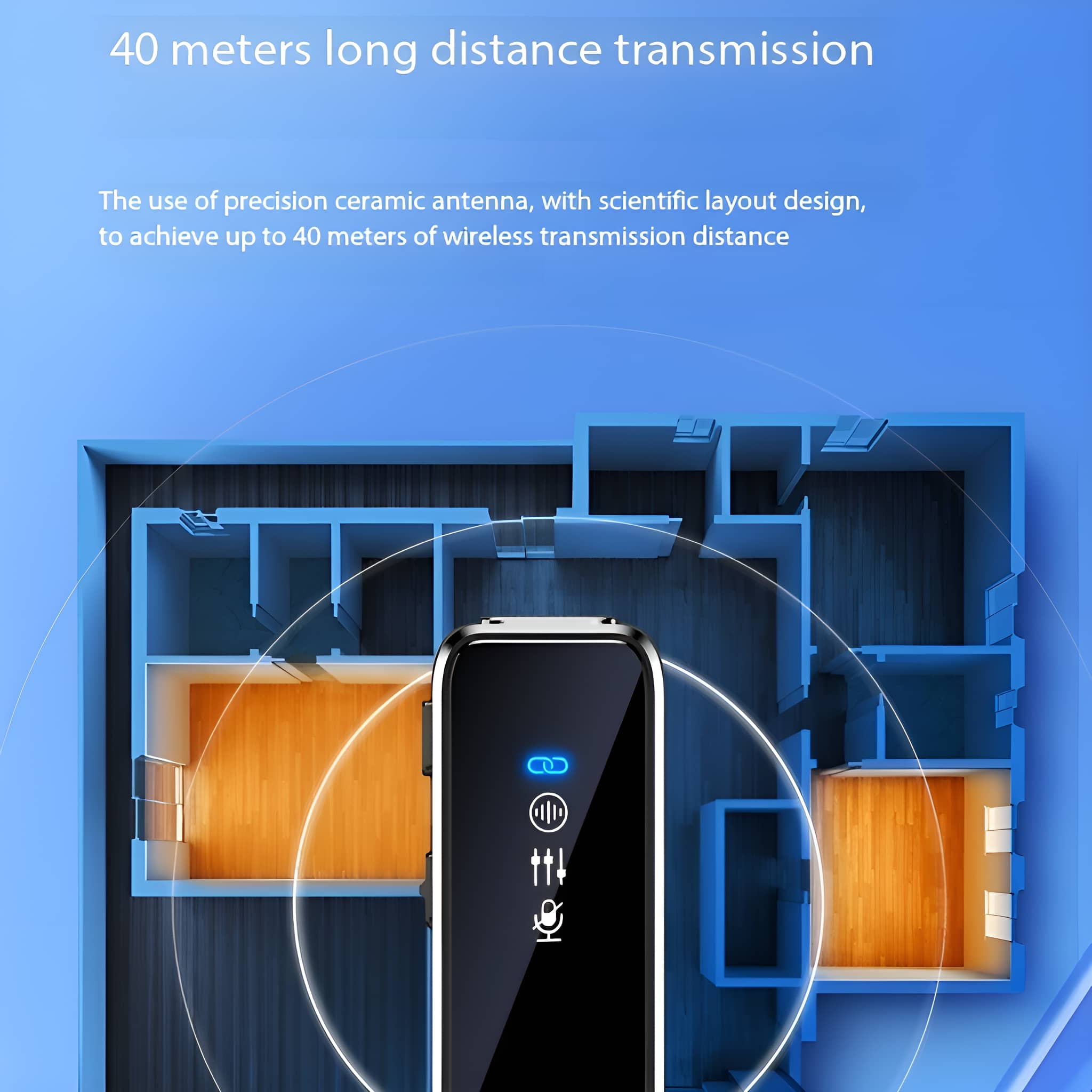 Ein schwarzes Gerät mit einem Bildschirm. Text besagt 40 Meter lange Distanzübertragung. Blauer Hintergrund.