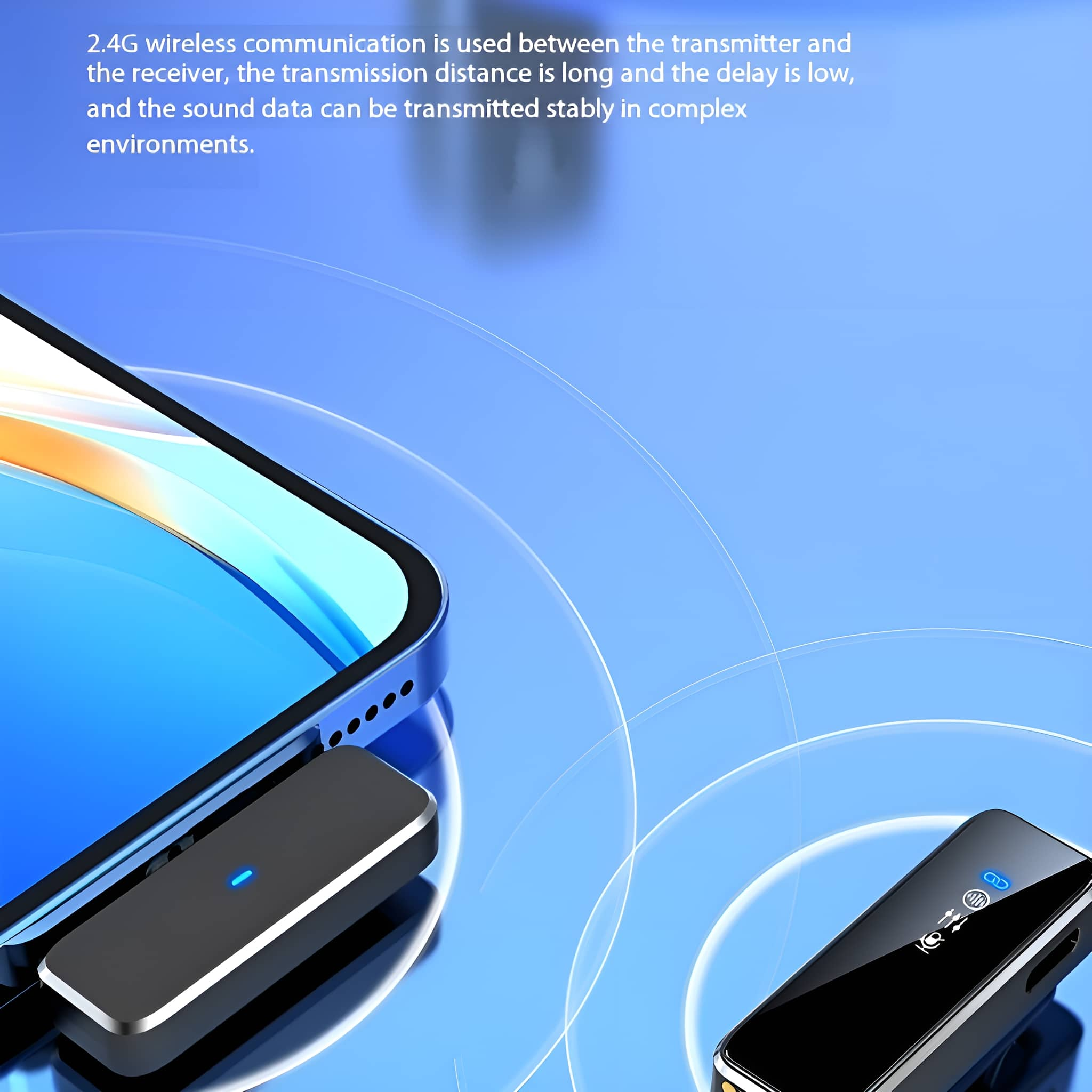Zwei schwarze rechteckige Bluetooth-Sender, die mit einem Telefon verbunden sind, auf blauem Hintergrund.