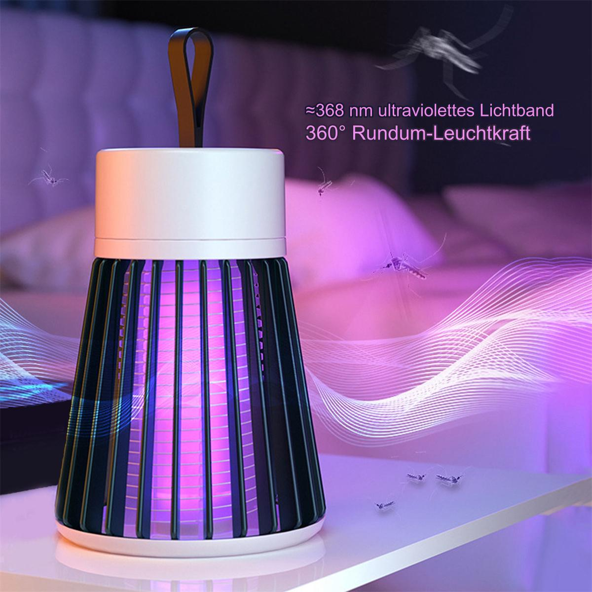 Schwarz-weiße Mückenvernichterlampe mit violettem Licht. Mücken um die Lampe herum abgebildet.