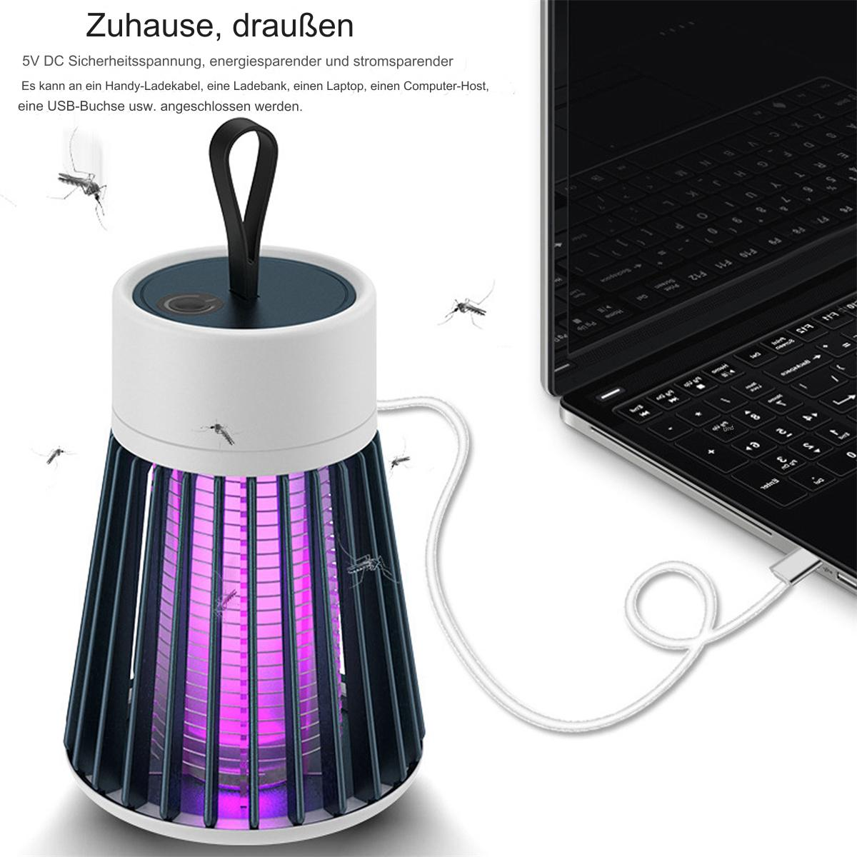 Ein Mückentöter und ein Laptop. Der Killer leuchtet lila. Ein USB-Kabel verbindet das Gerät mit dem Laptop.