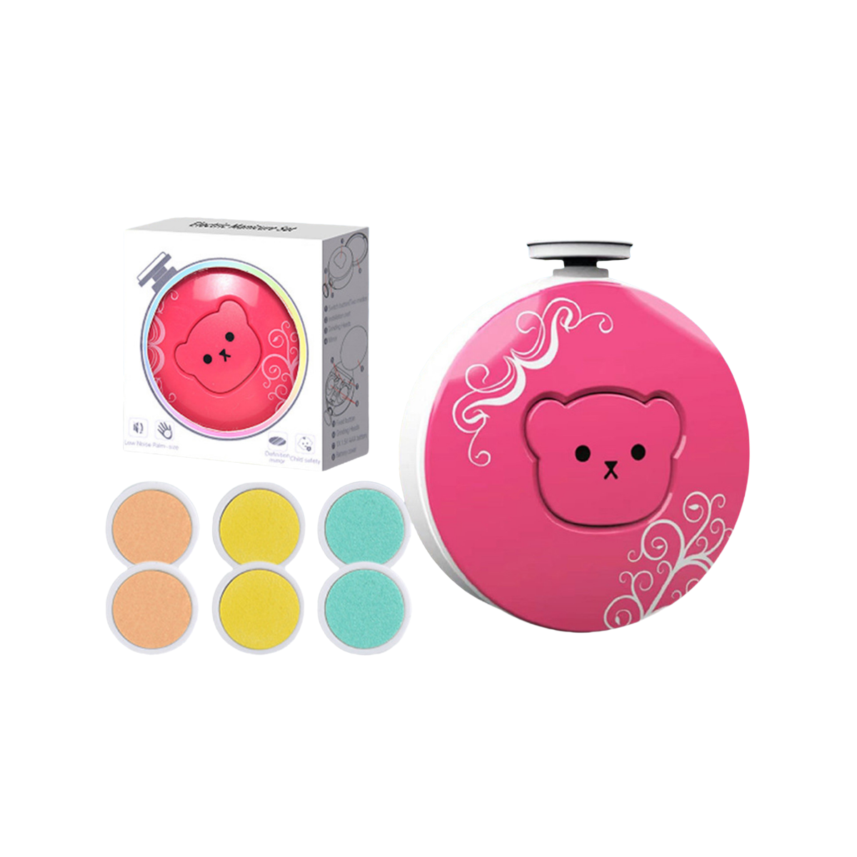 Pinkes Baby-Nagelkniperset mit Bärenmotiv, Box mit Produktdetails auf weißem Hintergrund.