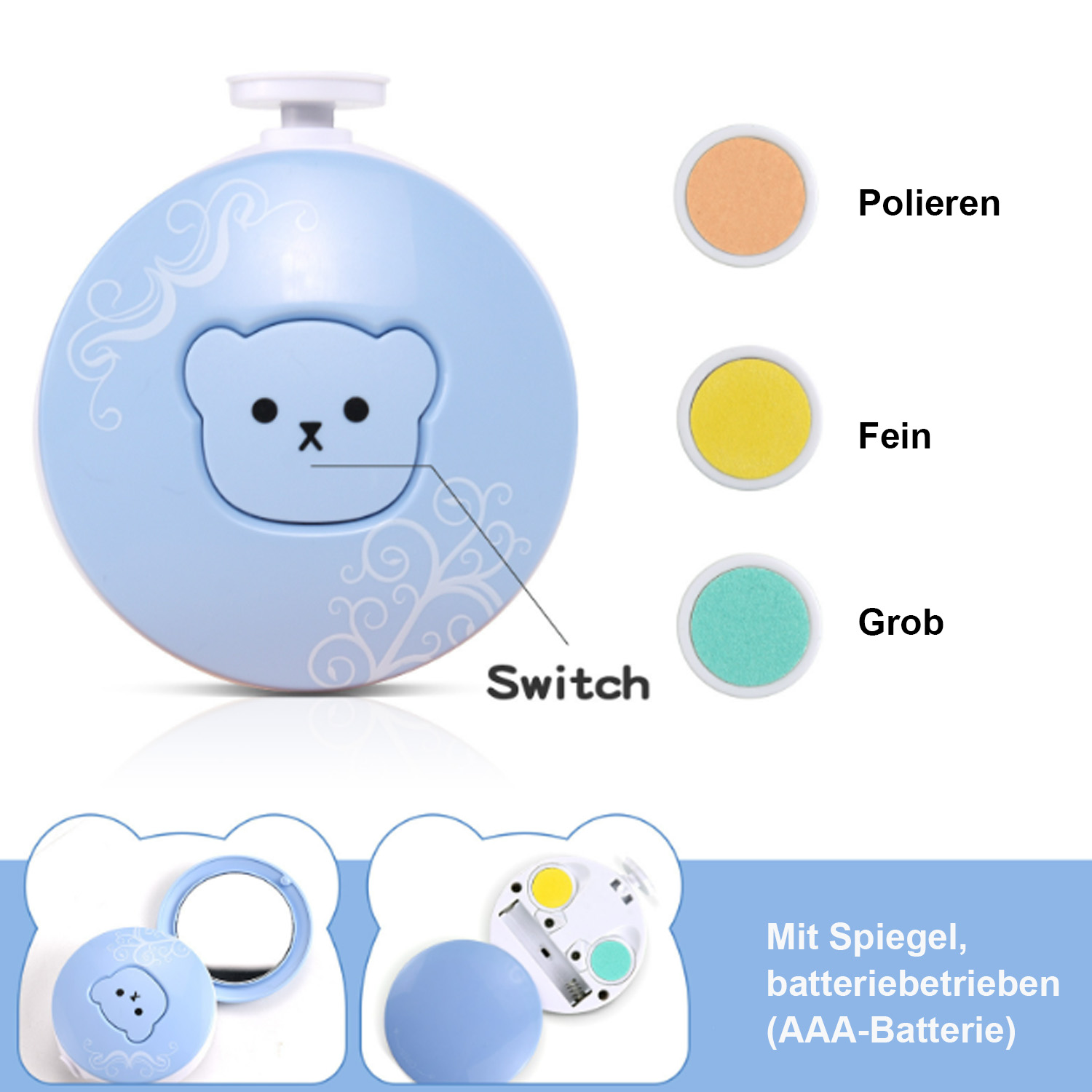Blauer Baby-Nageltrimmer mit Bär-Design und drei verschiedenen Nagelfeilen.