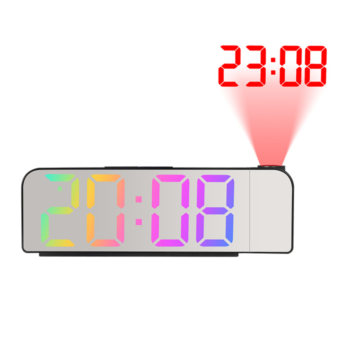 Digitaler Wecker mit roter Zeitanzeige und farbig projizierter Zeit auf weißer Oberfläche.
