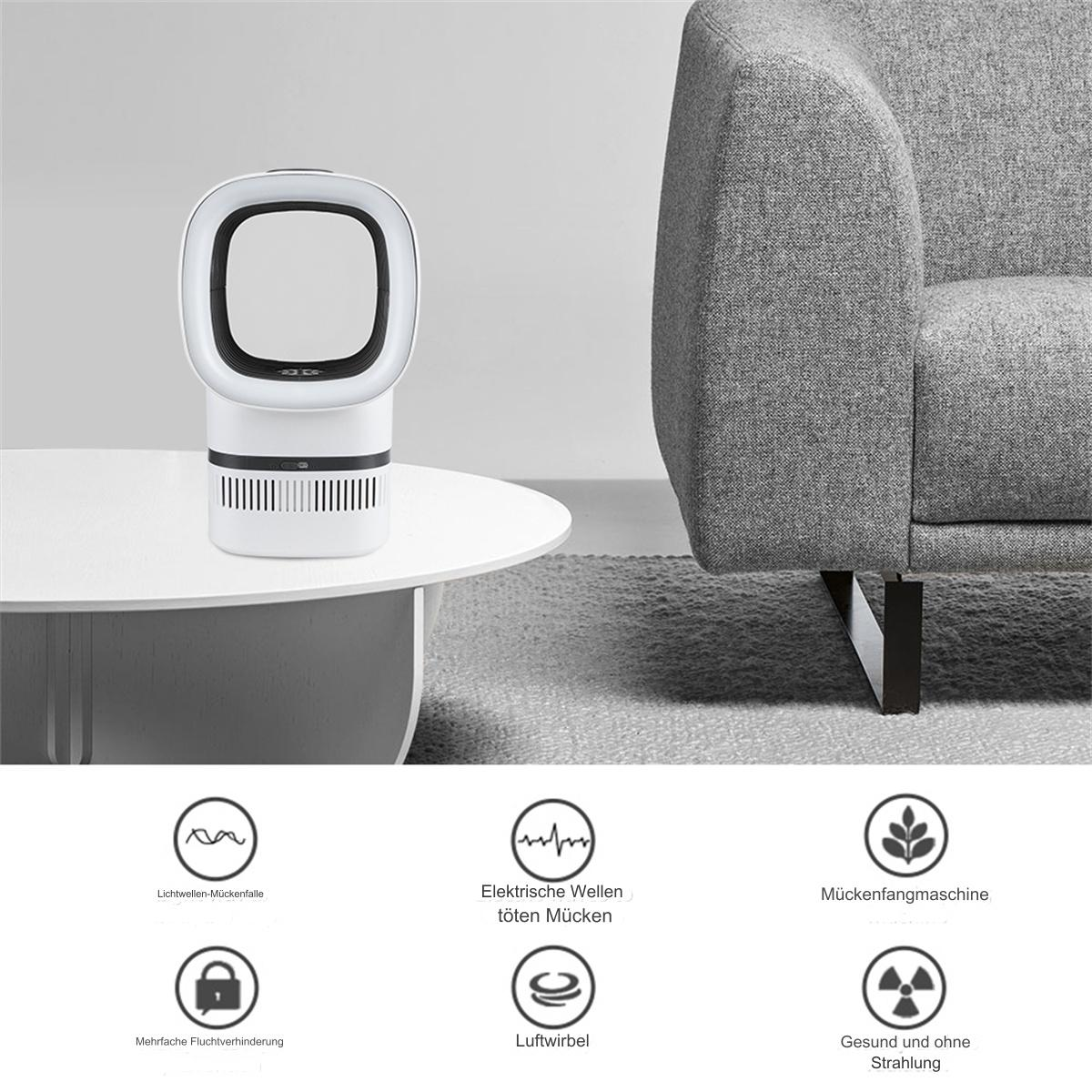 Weißer und schwarzer Mückenvernichter auf einem Tisch, eine graue Couch ist im Hintergrund. Symbole sind unten.