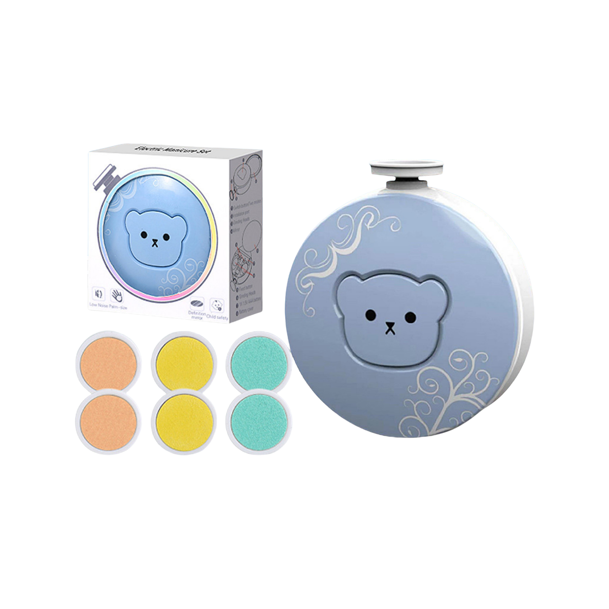 Nageltrimmerset für Babys. Enthält einen blauen Trimmer mit Bärengesicht und farbige Schleifpads.