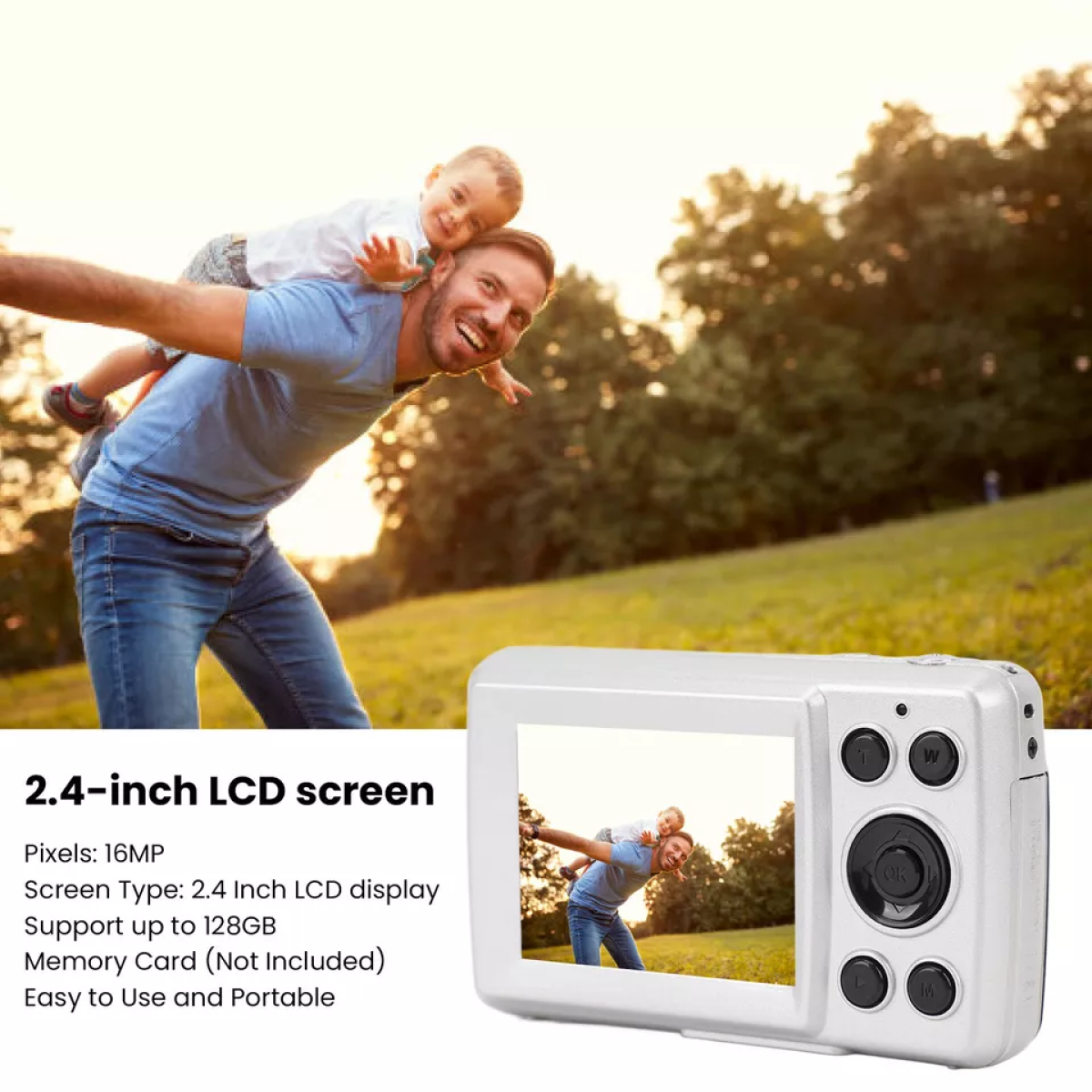 Srebrny aparat cyfrowy wyświetla zdjęcie ojca niosącego dziecko na plecach.