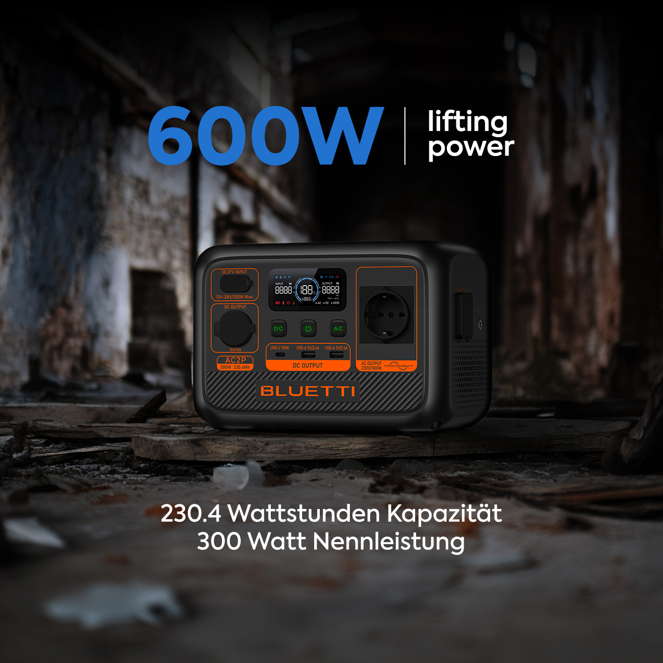 Eine tragbare Powerstation mit Text, der lautet: 600W Hubkraft.