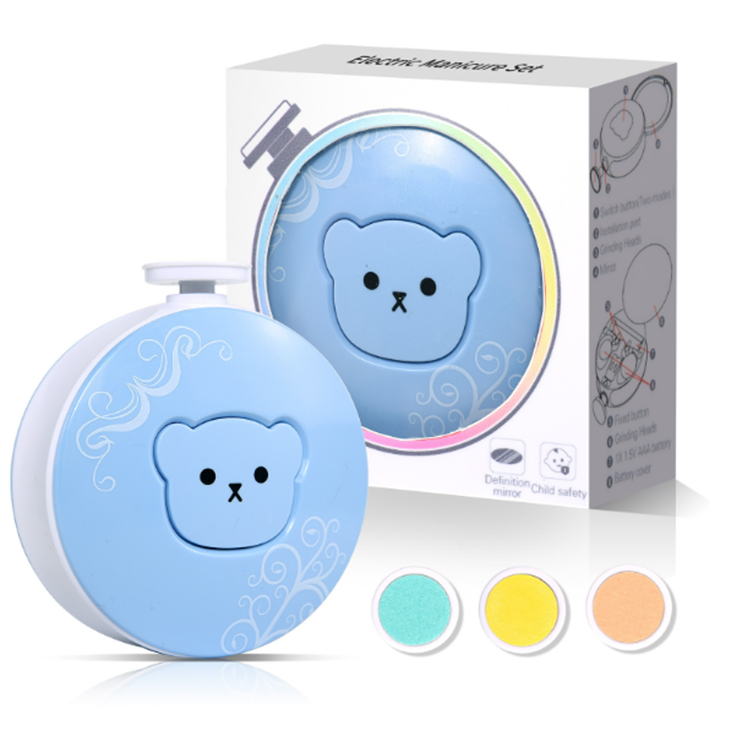 Blaues Baby-Nageltrimmer-Set mit Bären-Design. Enthält Box und drei Schleifköpfe.