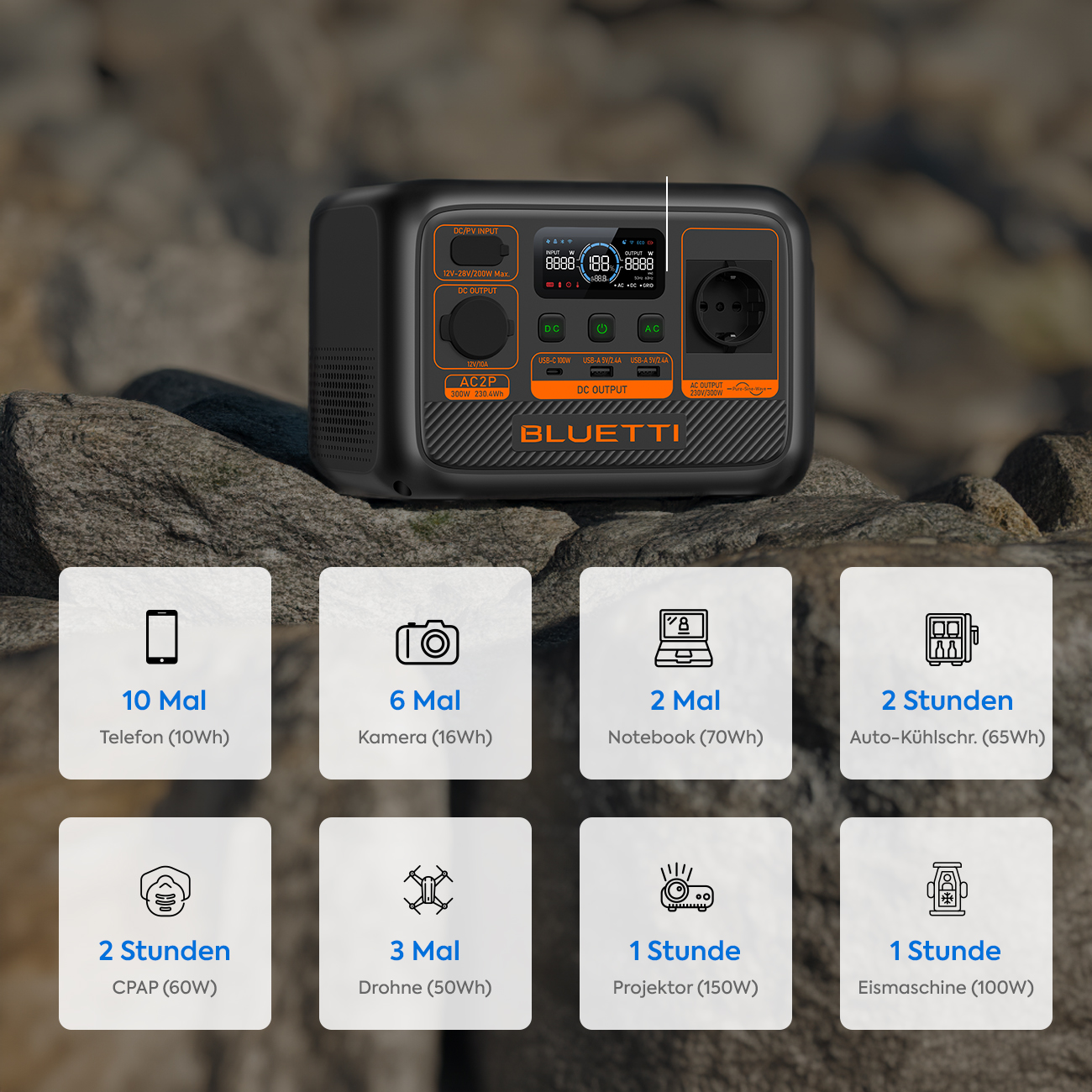 Schwarz-orangene Powerstation mit Display und Symbolen auf felsigem Untergrund.