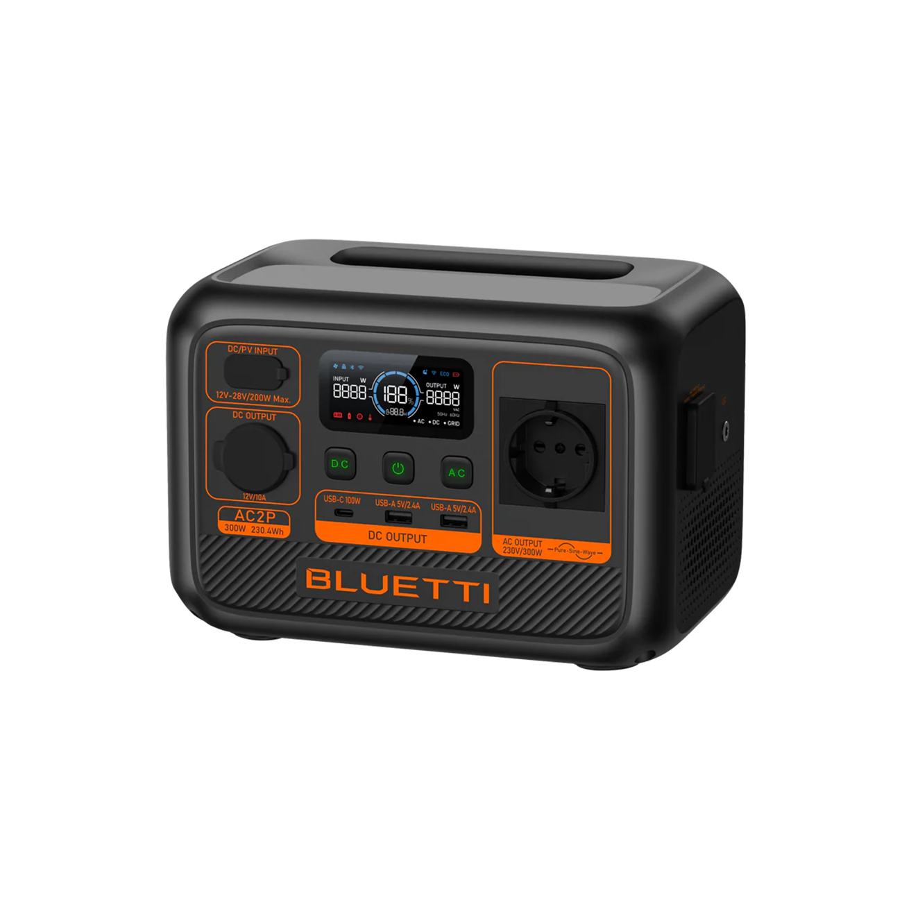 Ein schwarzes Kraftwerk. Das Gerät hat mehrere Anschlüsse und ein digitales Display. Orange Akzente auf Schwarz.
