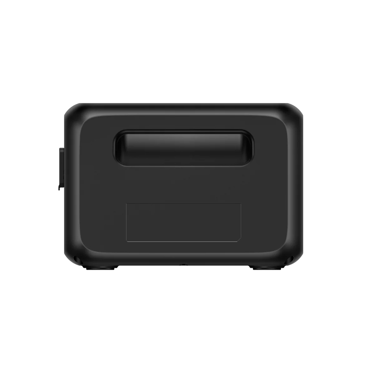 Schwarzes rechteckiges Gerät, möglicherweise eine Powerbank, auf weißem Hintergrund.