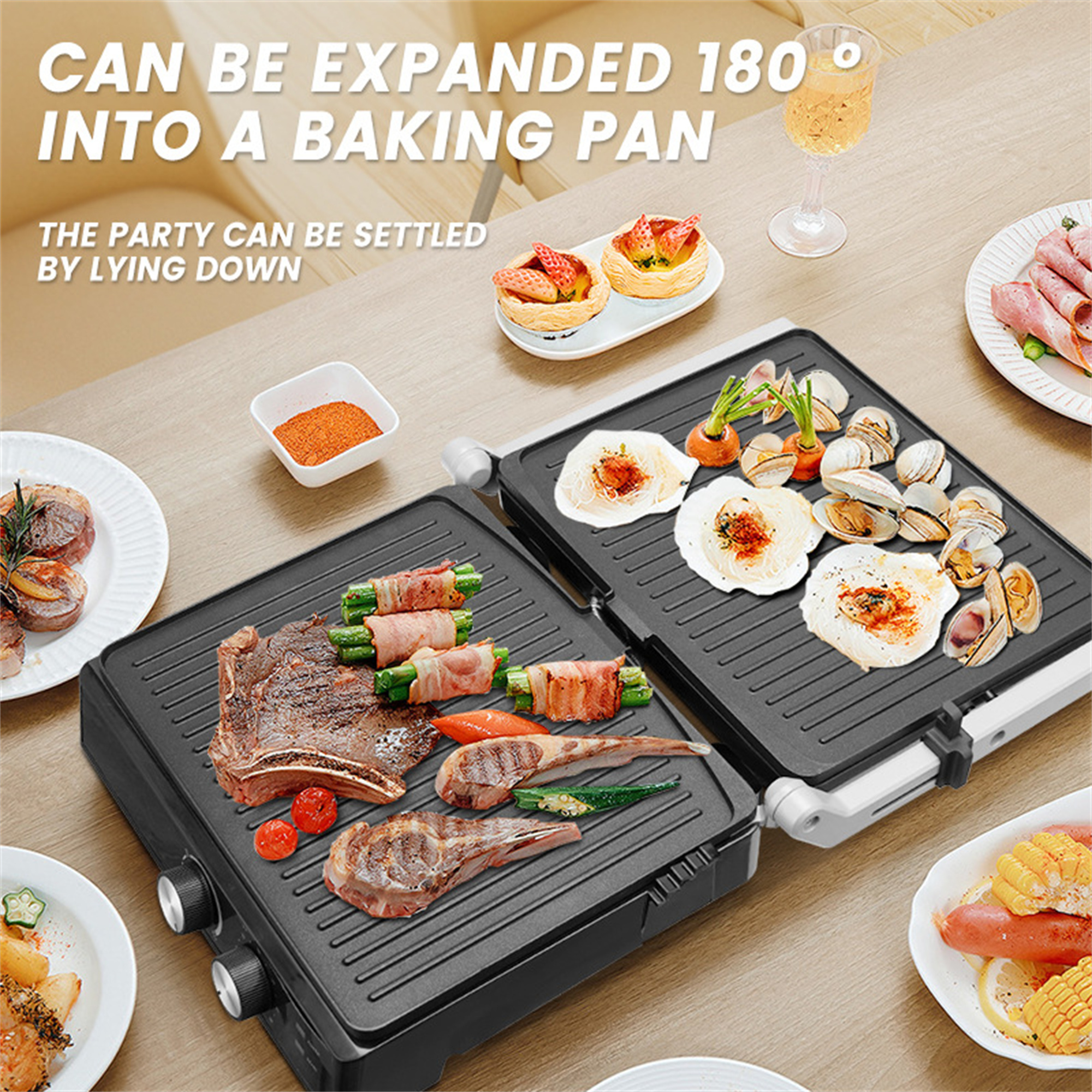 Zwei Grillplatten mit Essen auf einem Holztisch, und Text: KANN ZU EINER BACKFORM ERWEITERT WERDEN.