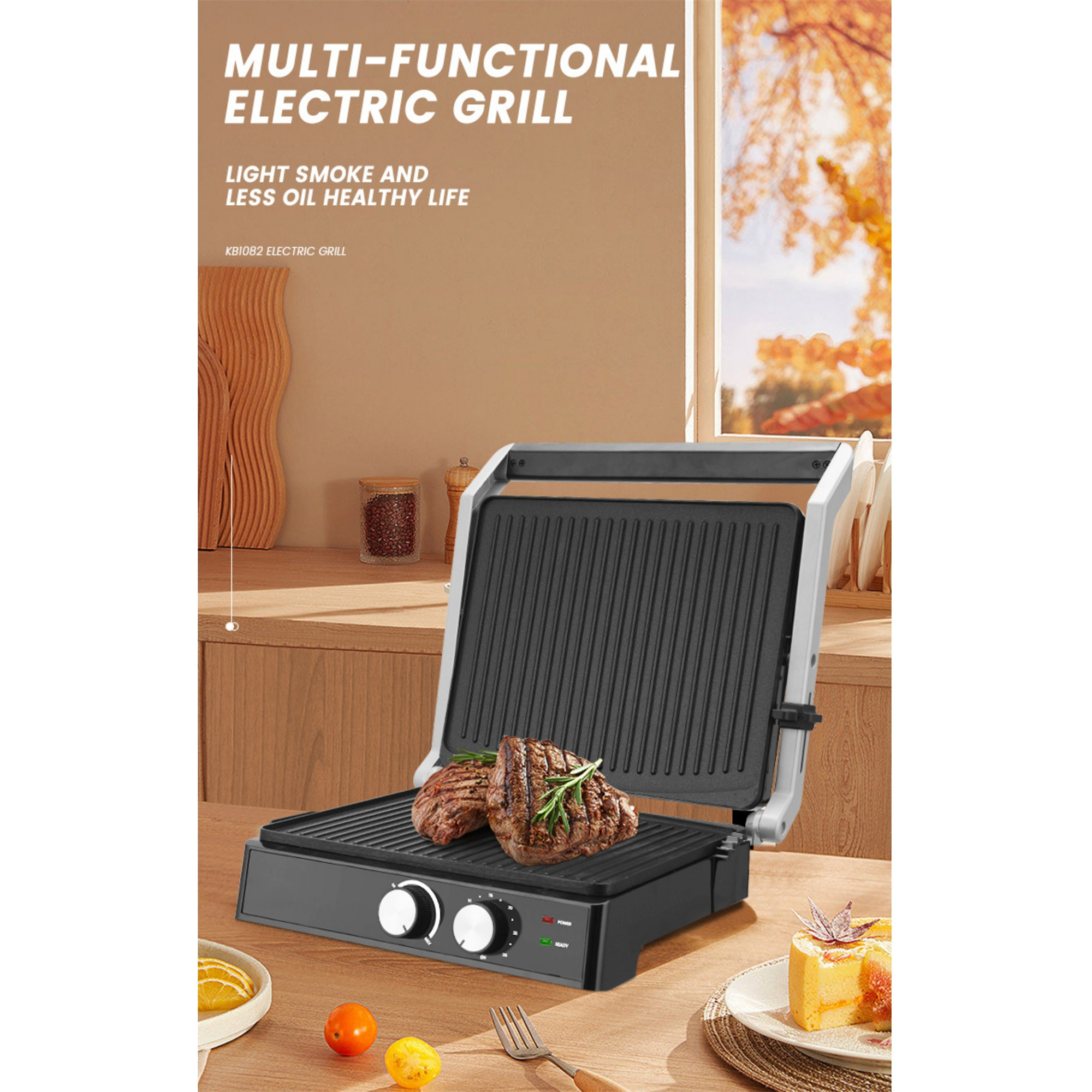 Ein offener schwarzer Elektrogrill mit Steaks. Holzoberfläche. Text: Multifunktionaler Elektrogrill.