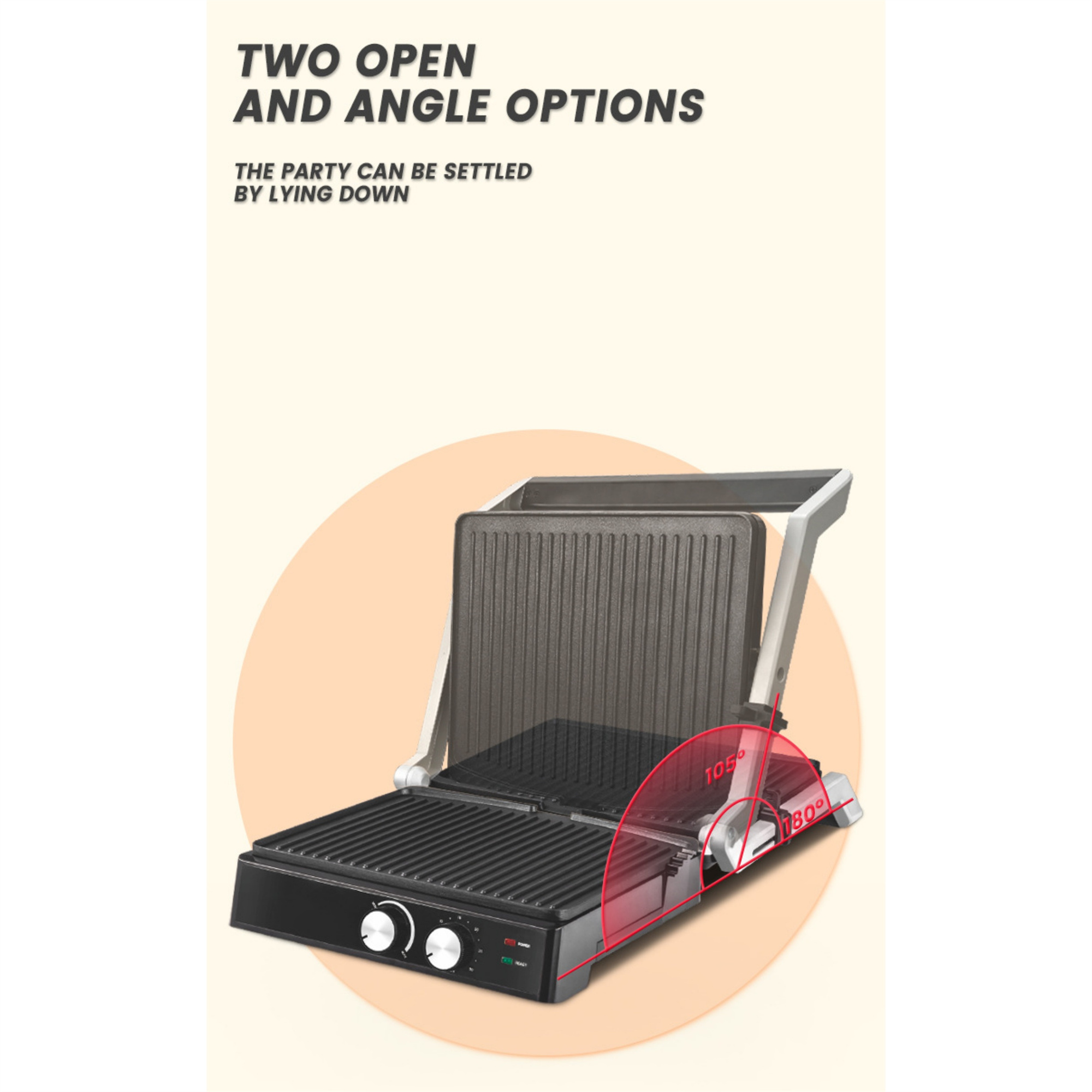 Ein schwarzer Grill mit zwei offenen und Winkeleinstellungen. Der Grill steht auf hellem Hintergrund.
