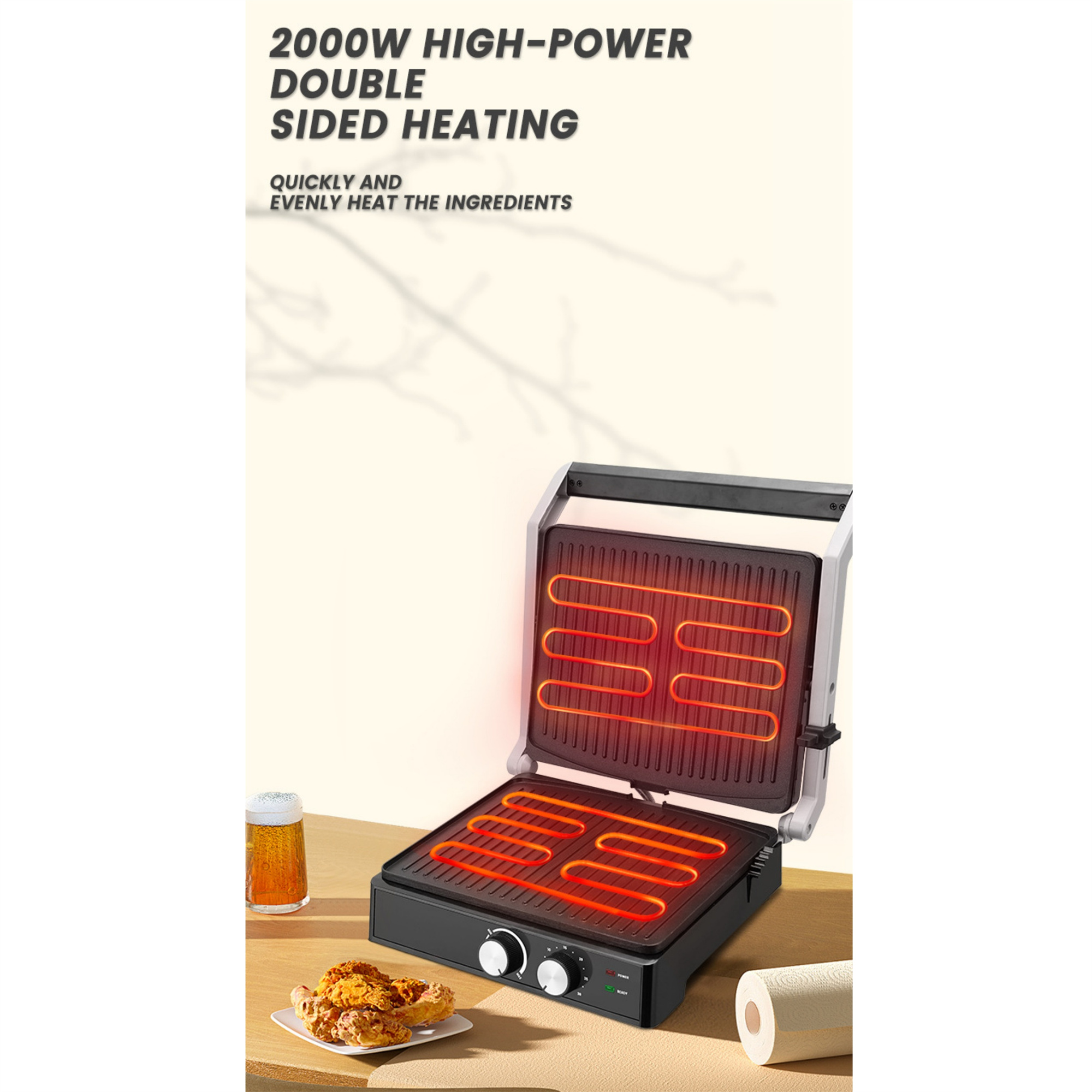 Doppelseitiger Heizgrill mit Text. Der Grill ist geöffnet und zeigt rote Heizelemente.