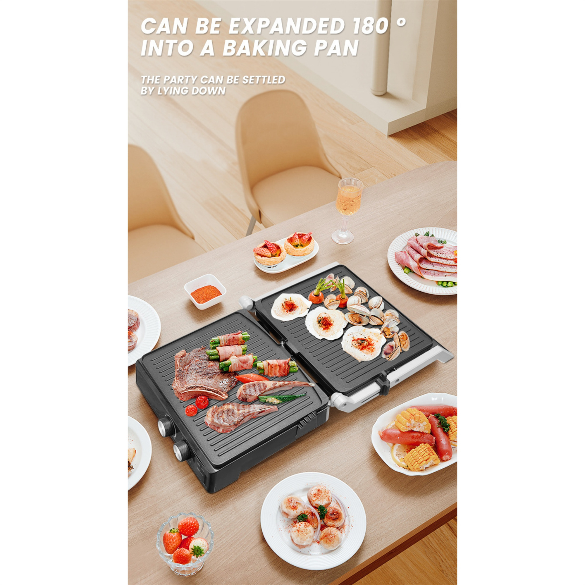 Kochfläche mit Essen und Text: „KANN UM 180° ZU EINER BACKPFANNE ERWEITERT WERDEN“.