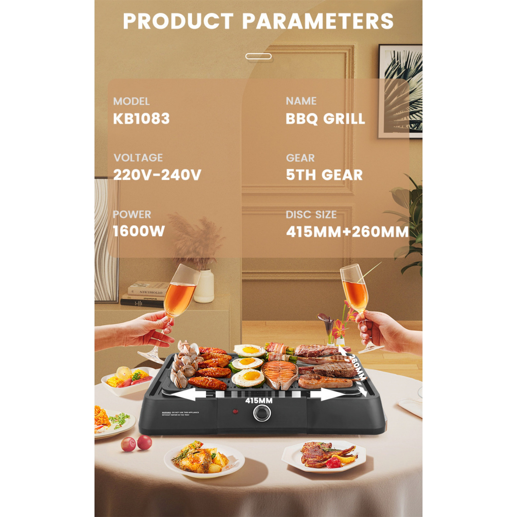 BBQ-Grill mit Essen, Weingläsern und Textetiketten. Enthält Modell, Spannung, Leistung und Größe.