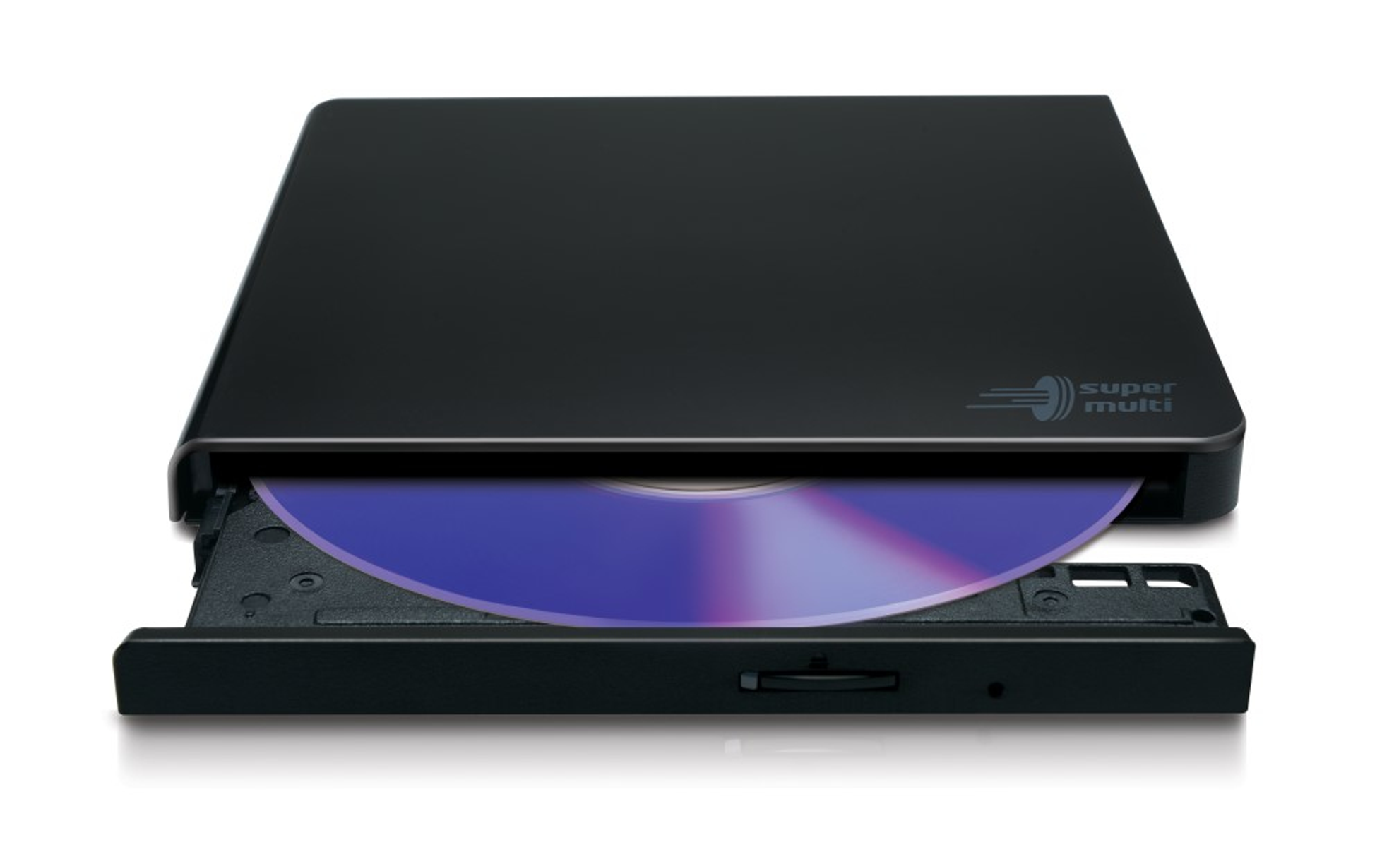 Unidad de DVD externa negra con un disco púrpura adentro, la unidad está abierta.