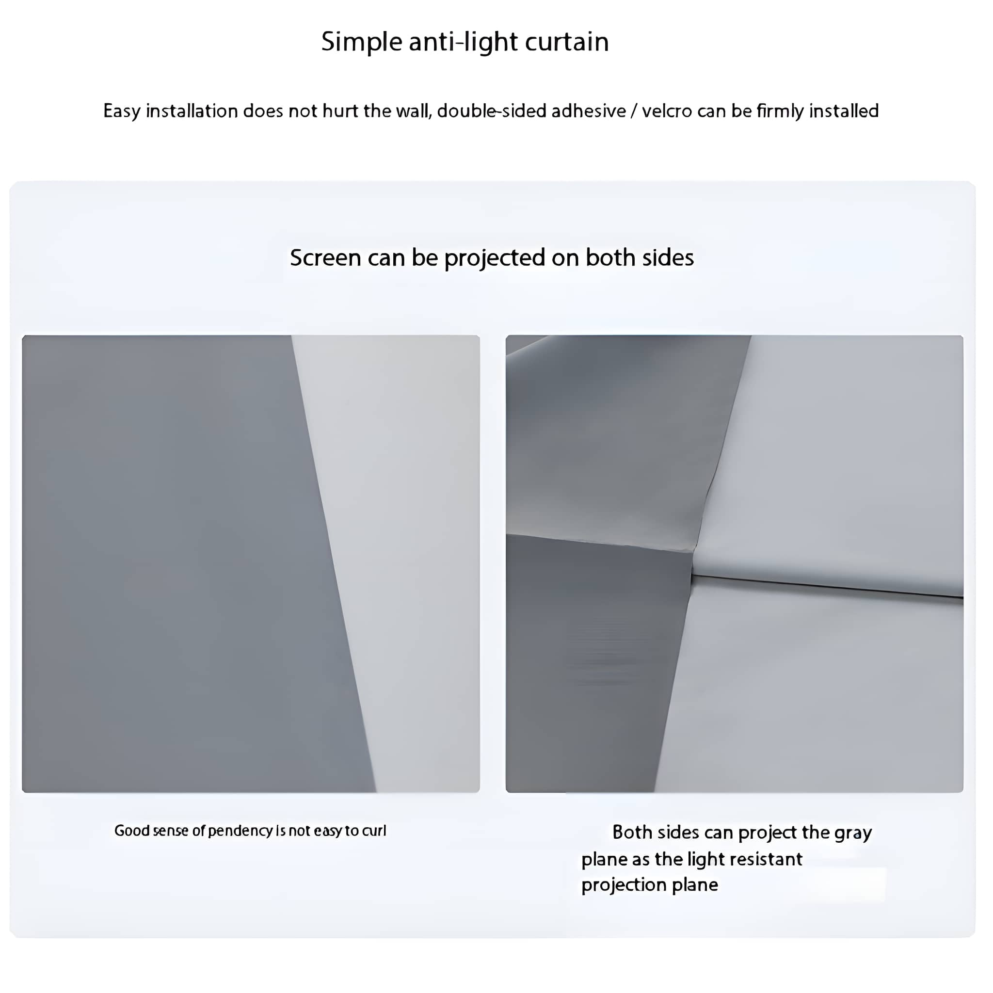 Zwei Bilder, die einen grauen Anti-Licht-Vorhang zeigen und veranschaulichen, wie er Licht projiziert.