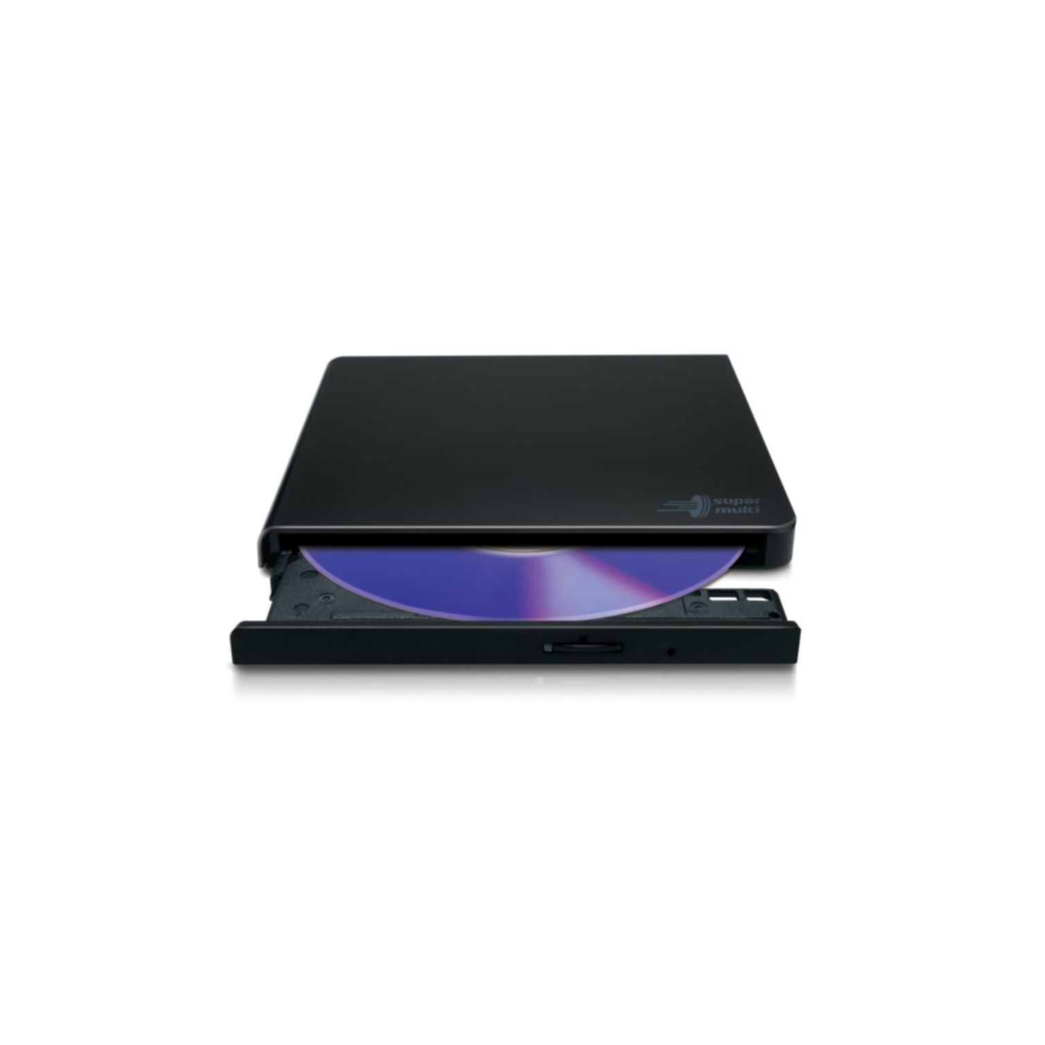 Una unidad de DVD negra con un disco azul dentro y la bandeja parcialmente abierta.