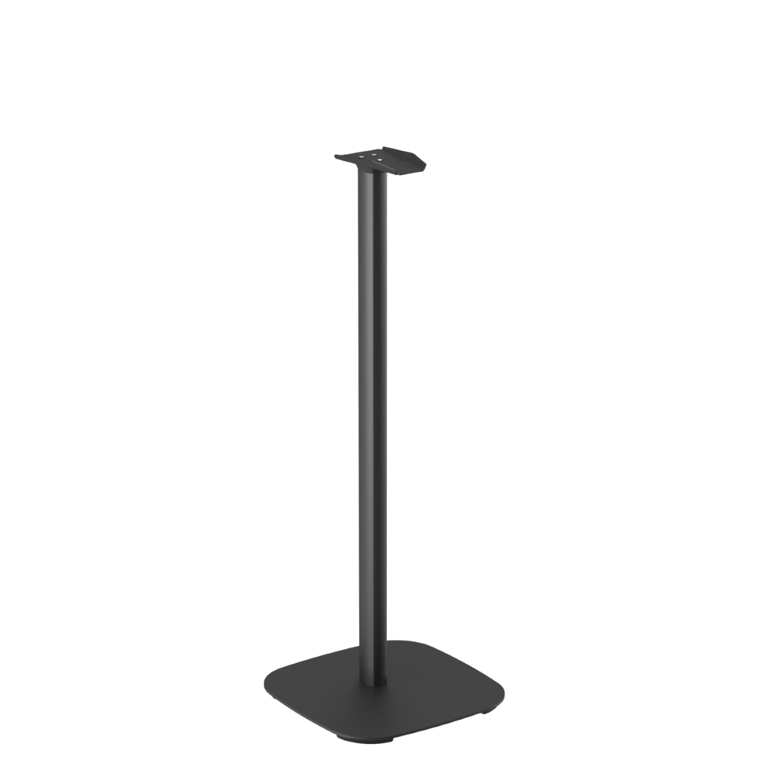 Czarny statyw głośnikowy z kwadratową podstawą i wysokim, smukłym słupem, na czarnym tle.