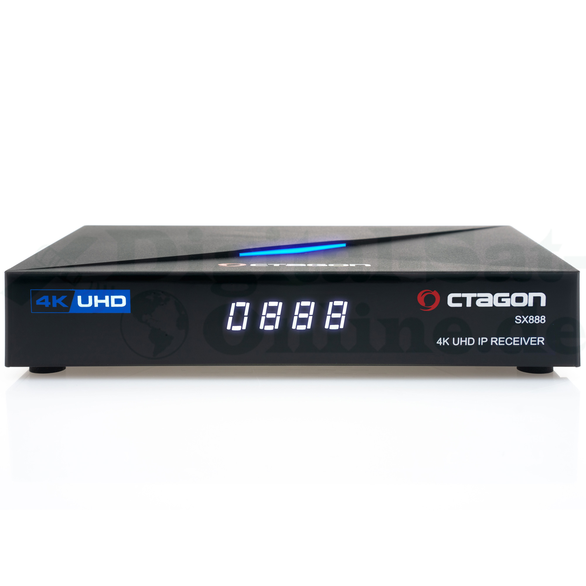 Schwarzer 4K UHD IP-Receiver mit Display, die Marke ist Octagon.