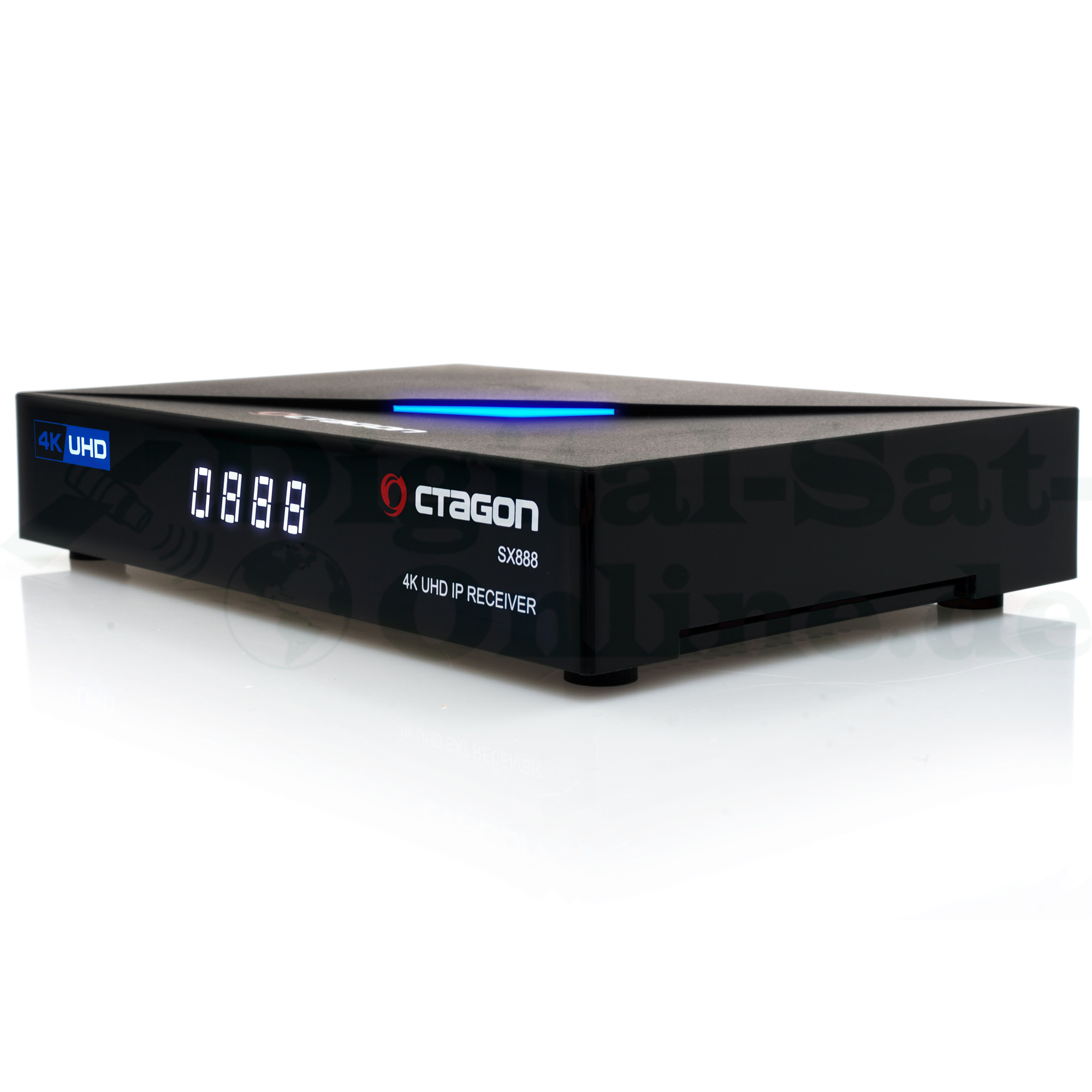 Schwarze Set-Top-Box mit Display und Octagon-Logo.