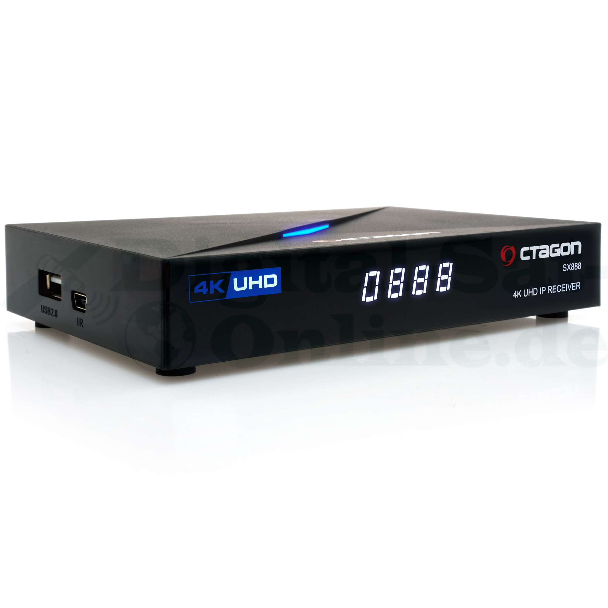 Schwarzer 4K UHD-Receiver mit Digitalanzeige. Er hat Anschlüsse und ein Logo.