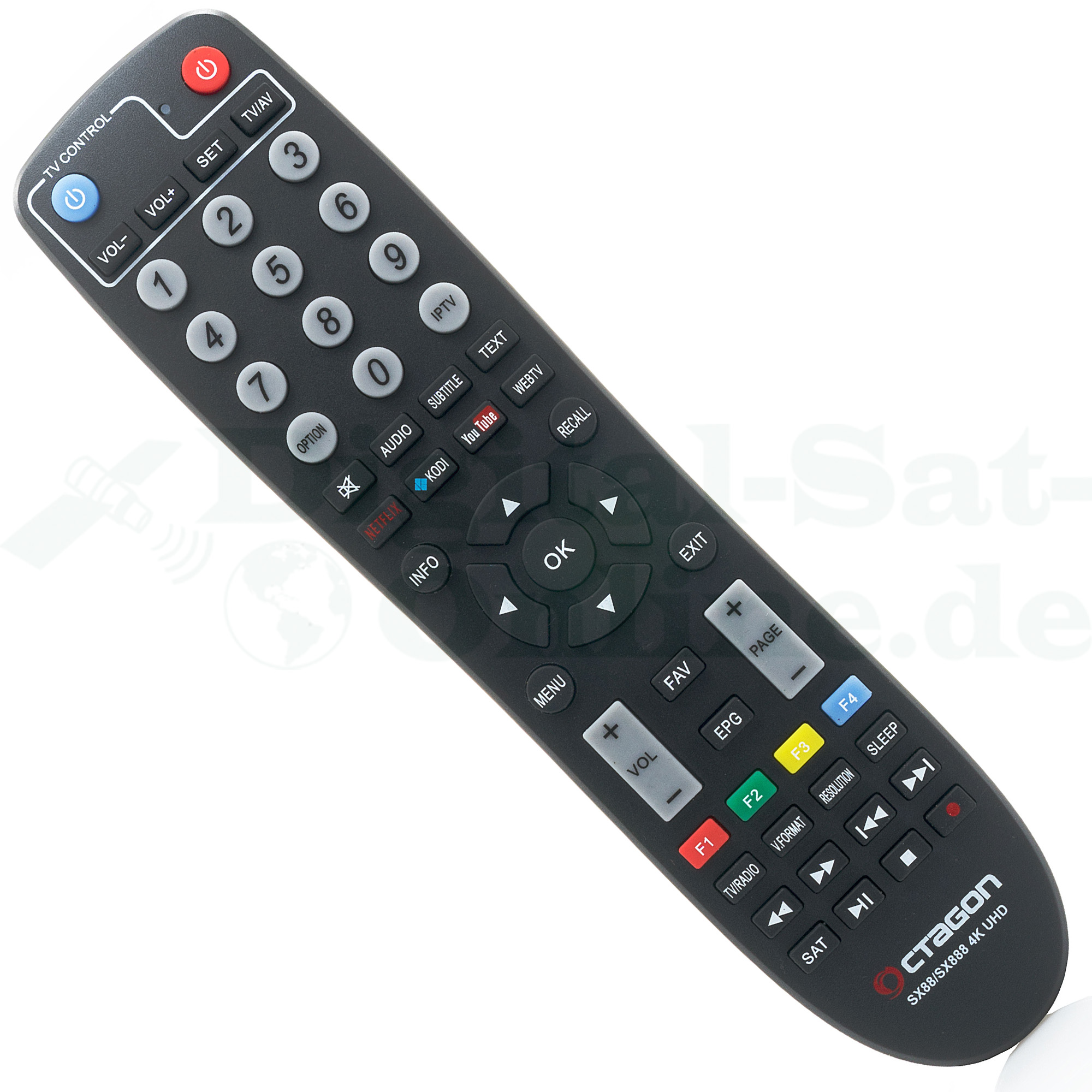 Eine schwarze Fernbedienung mit vielen Knöpfen. Sie hat Tasten für TV-Steuerung, Zahlen und Streaming-Dienste.