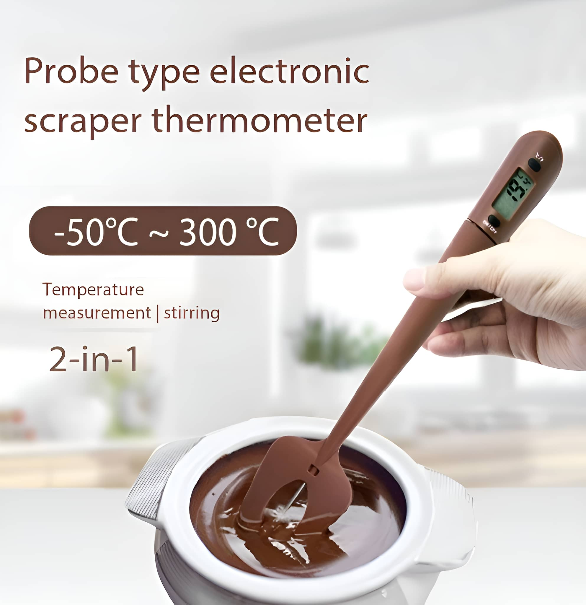 Spatelthermometer misst Schokolade in einer Schüssel. Die Anzeige zeigt 19,4 Grad.