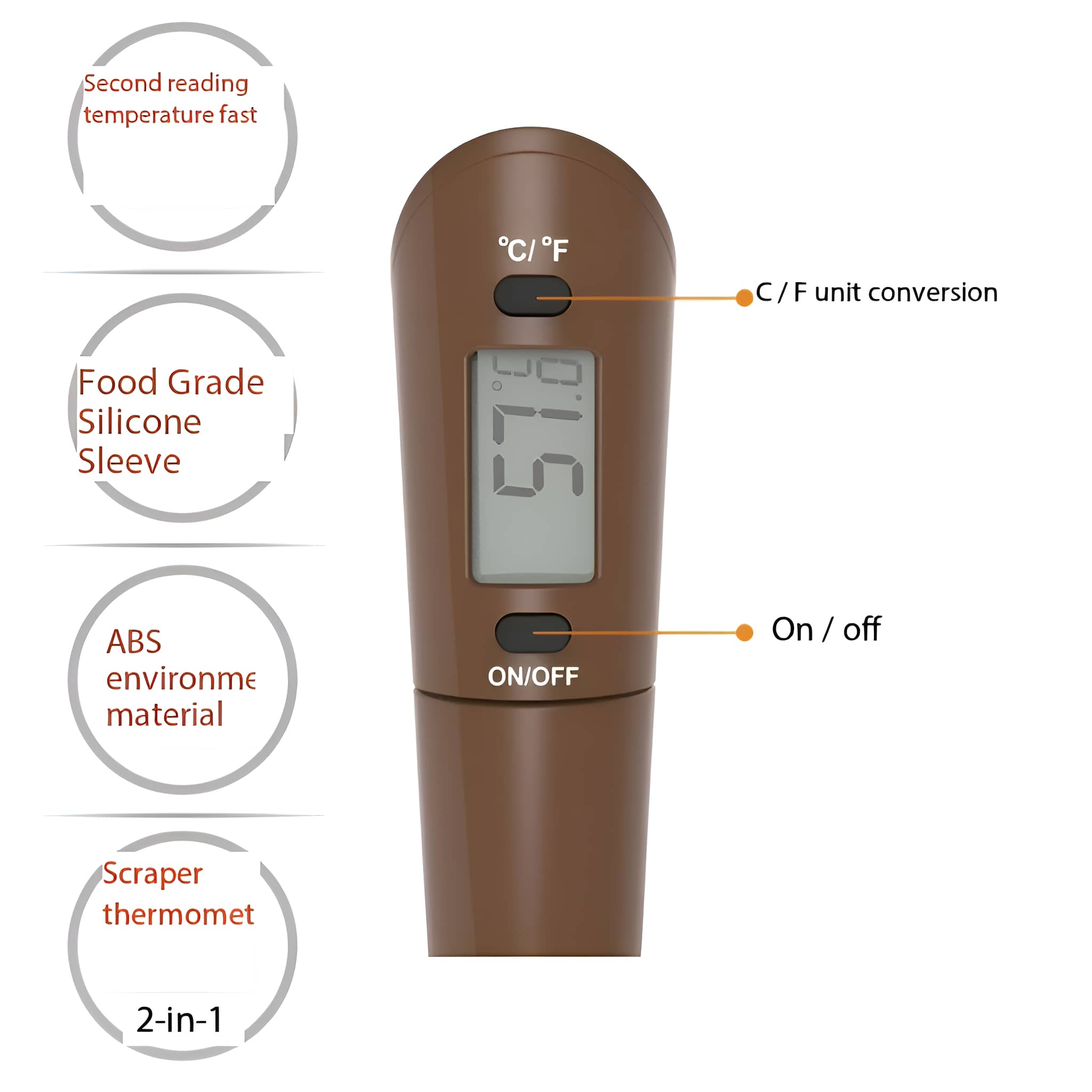 Braunes Thermometer mit Digitalanzeige. Zeigt Temperatur an. Mit Ein/Aus- und °C/°F-Tasten.