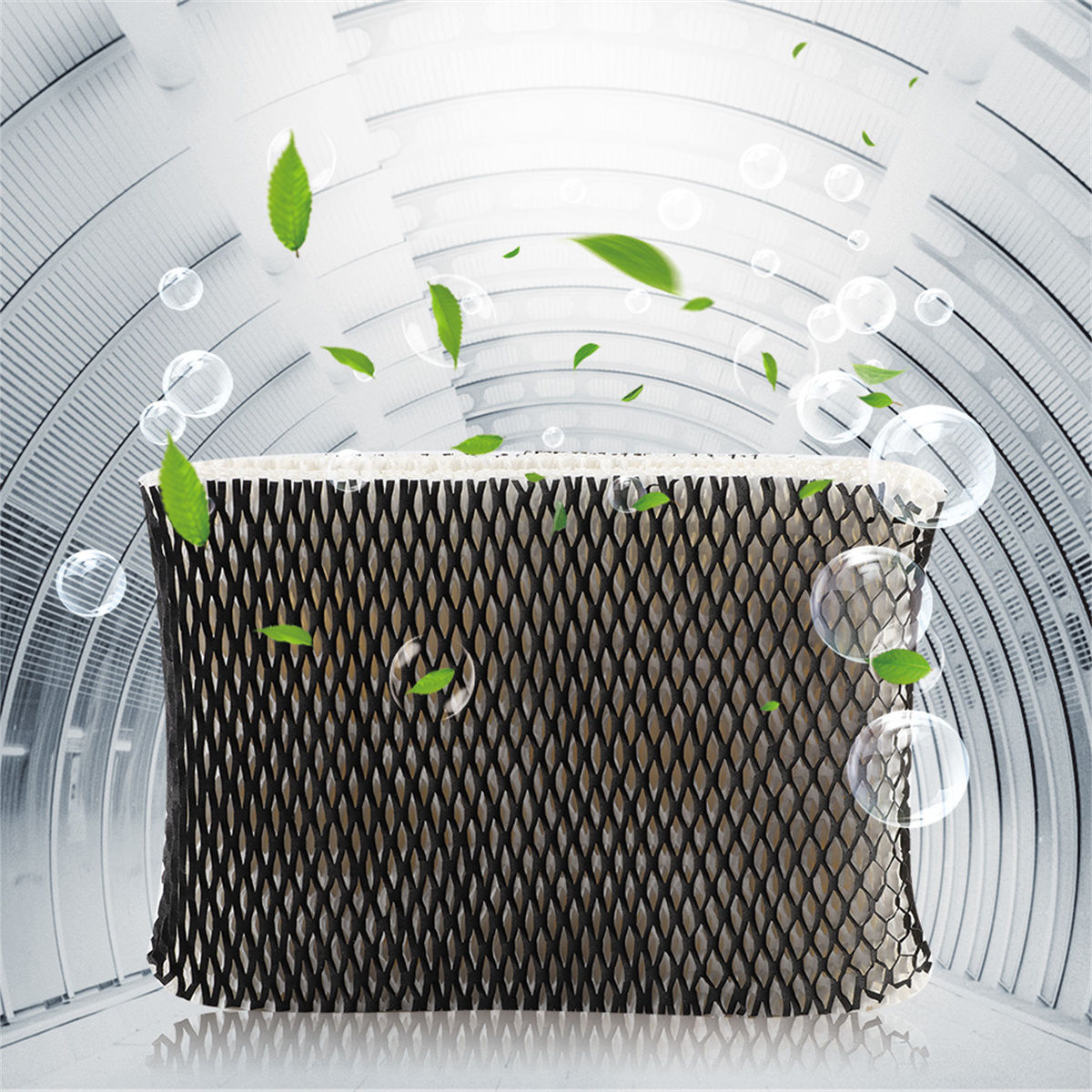 Ein Filter mit schwarzem Mesh-Außen, mit grünen Blättern und Blasen, die schweben.
