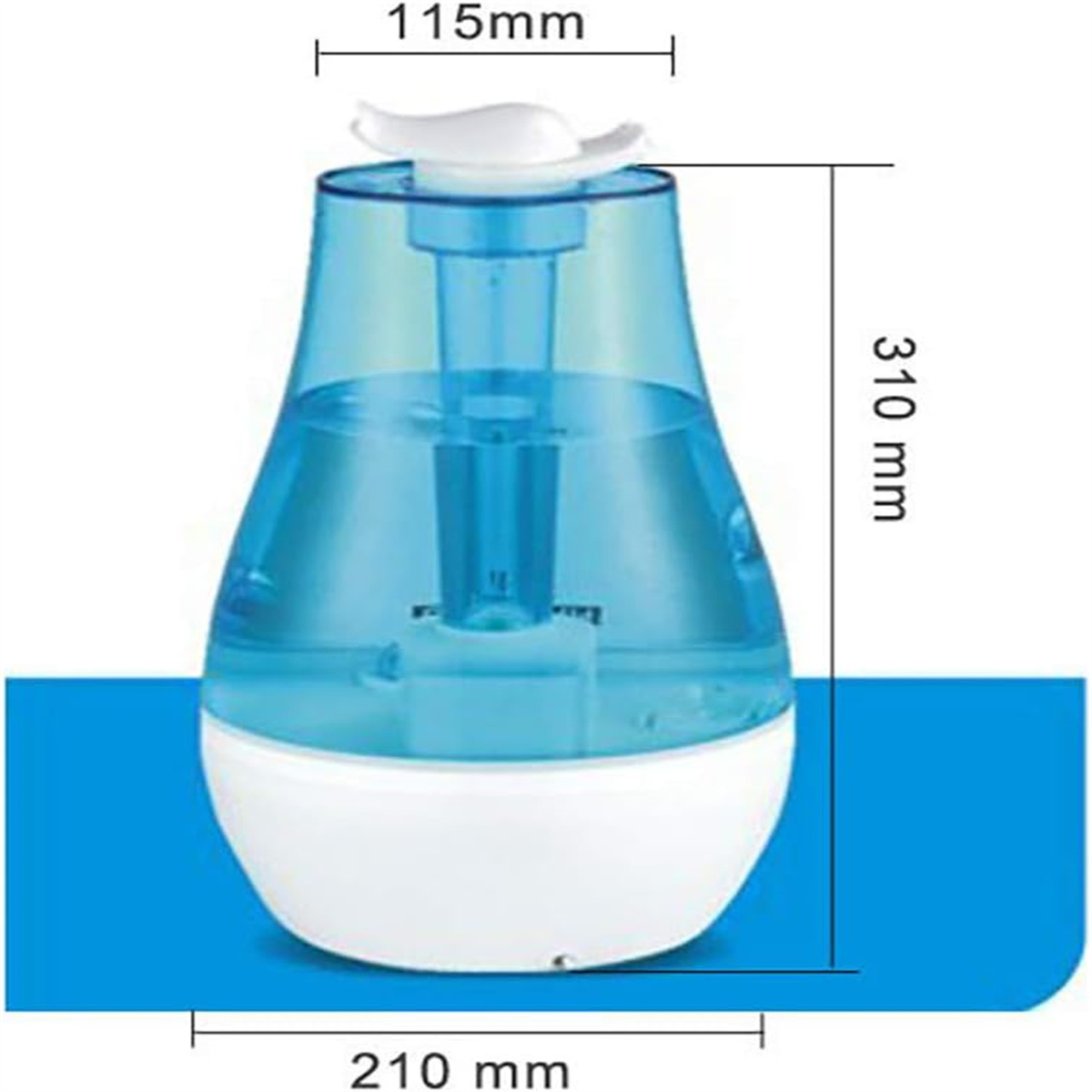Blau-weißer Luftbefeuchter mit Maßangaben. Blauer Hintergrund mit Wasser im Tank sichtbar.