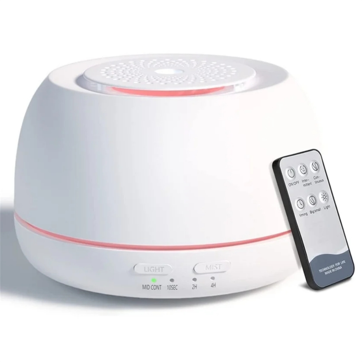 Weißer, runder Diffusor mit Fernbedienung. Rotes Licht unten.