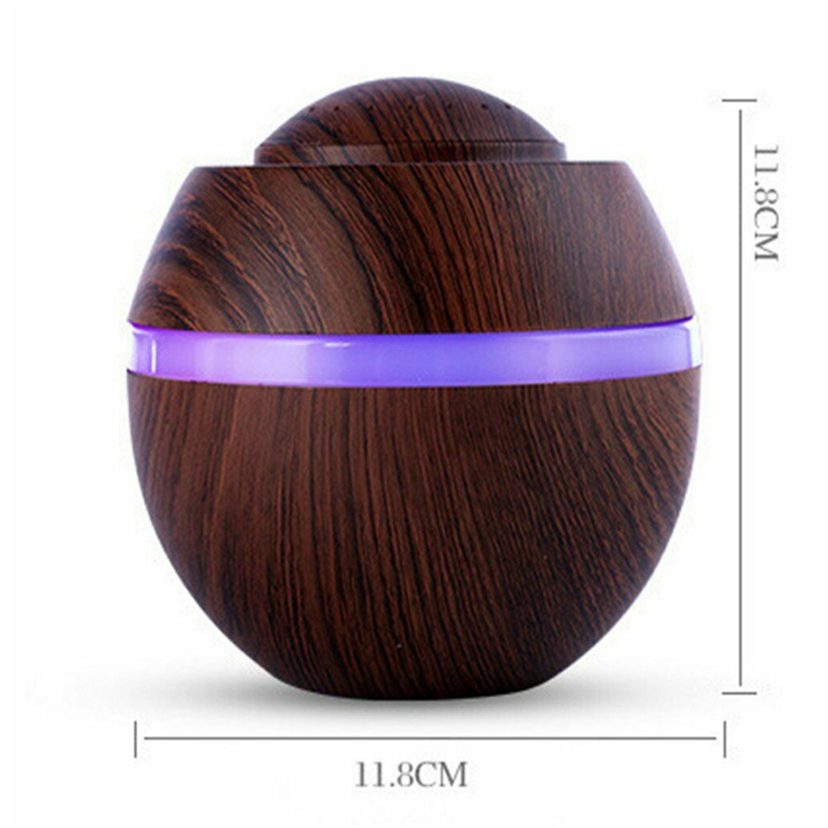 Ein kleiner, holztexturierter, kugelförmiger Diffusor mit lila Lichtring und Messungen.