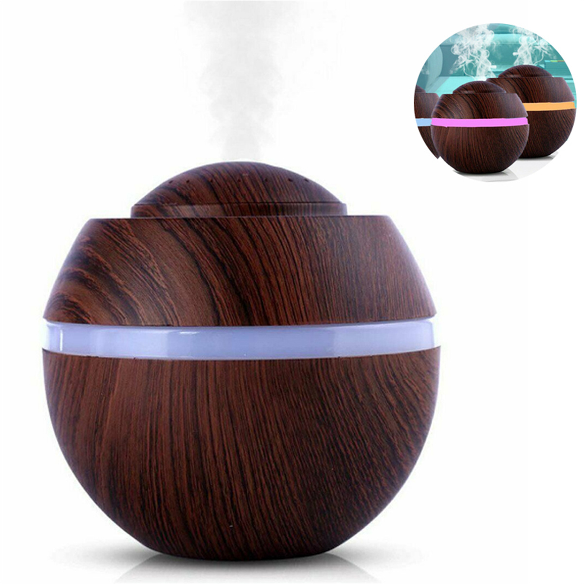 Ein brauner Holzdiffusor mit einem weißen Lichtband. Drei kleine Diffusoren befinden sich im Hintergrund.