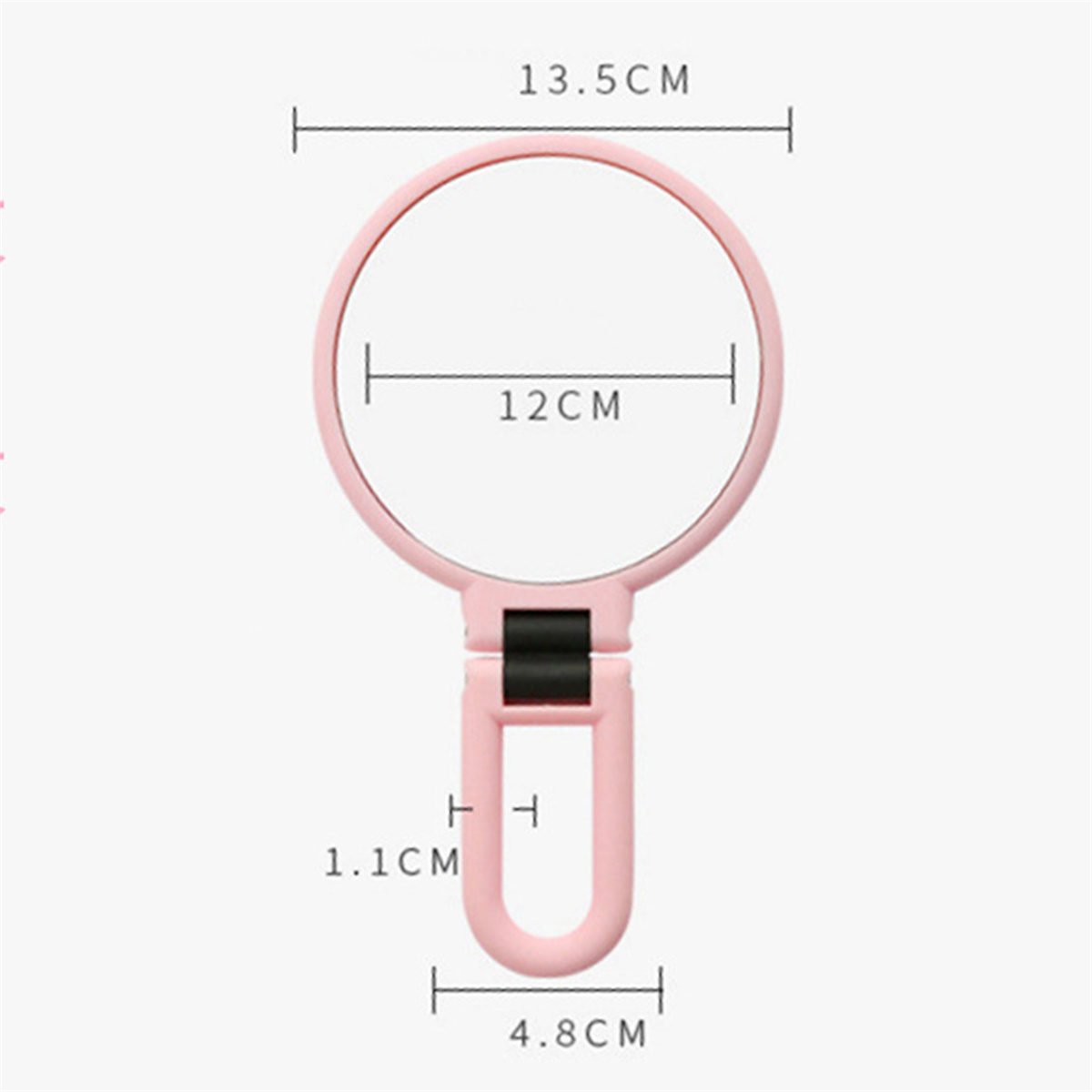Rosa Handspiegel mit Maßangaben: 13,5 cm, 12 cm, 1,1 cm und 4,8 cm.