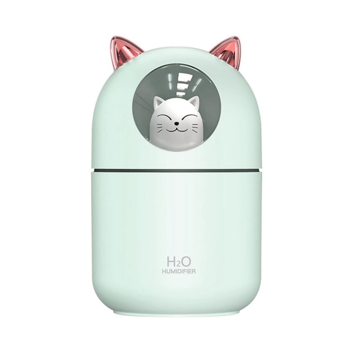 Katzenförmiger Luftbefeuchter. Mintgrüne Basis, weißes Katzen-Gesicht in klarer Kuppel. Rosa Ohren.