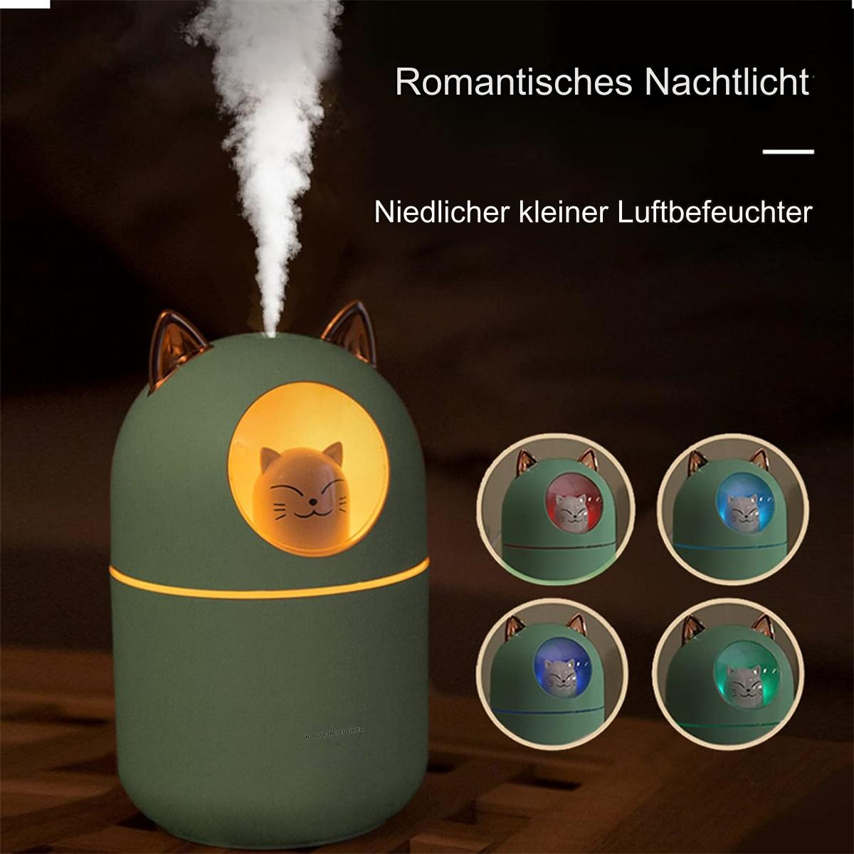 Grüner, katzenförmiger Luftbefeuchter mit Dampf und verschiedenen Farboptionen.