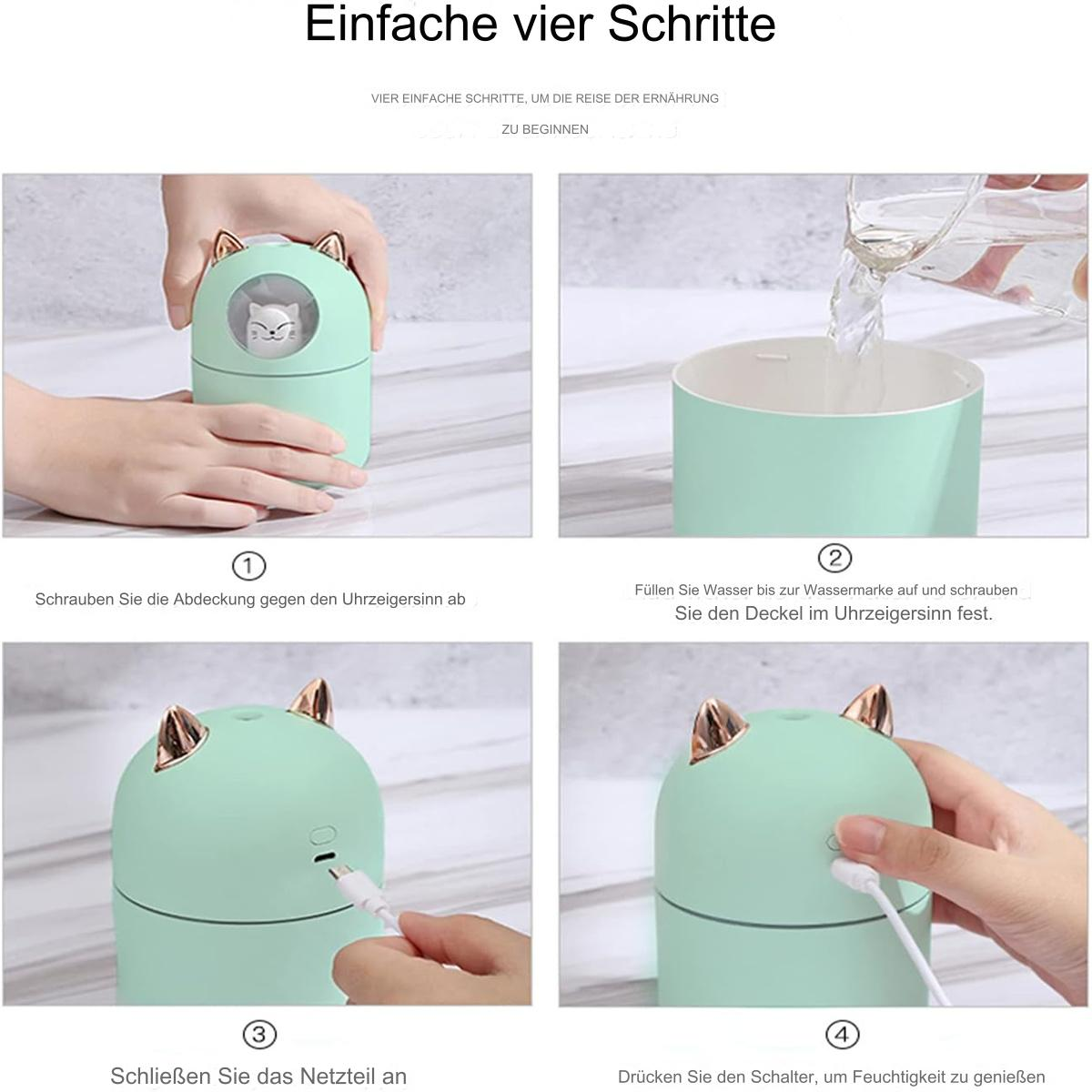 Anleitung zum Zusammenbau eines katzenförmigen Luftbefeuchters in 4 Schritten.
