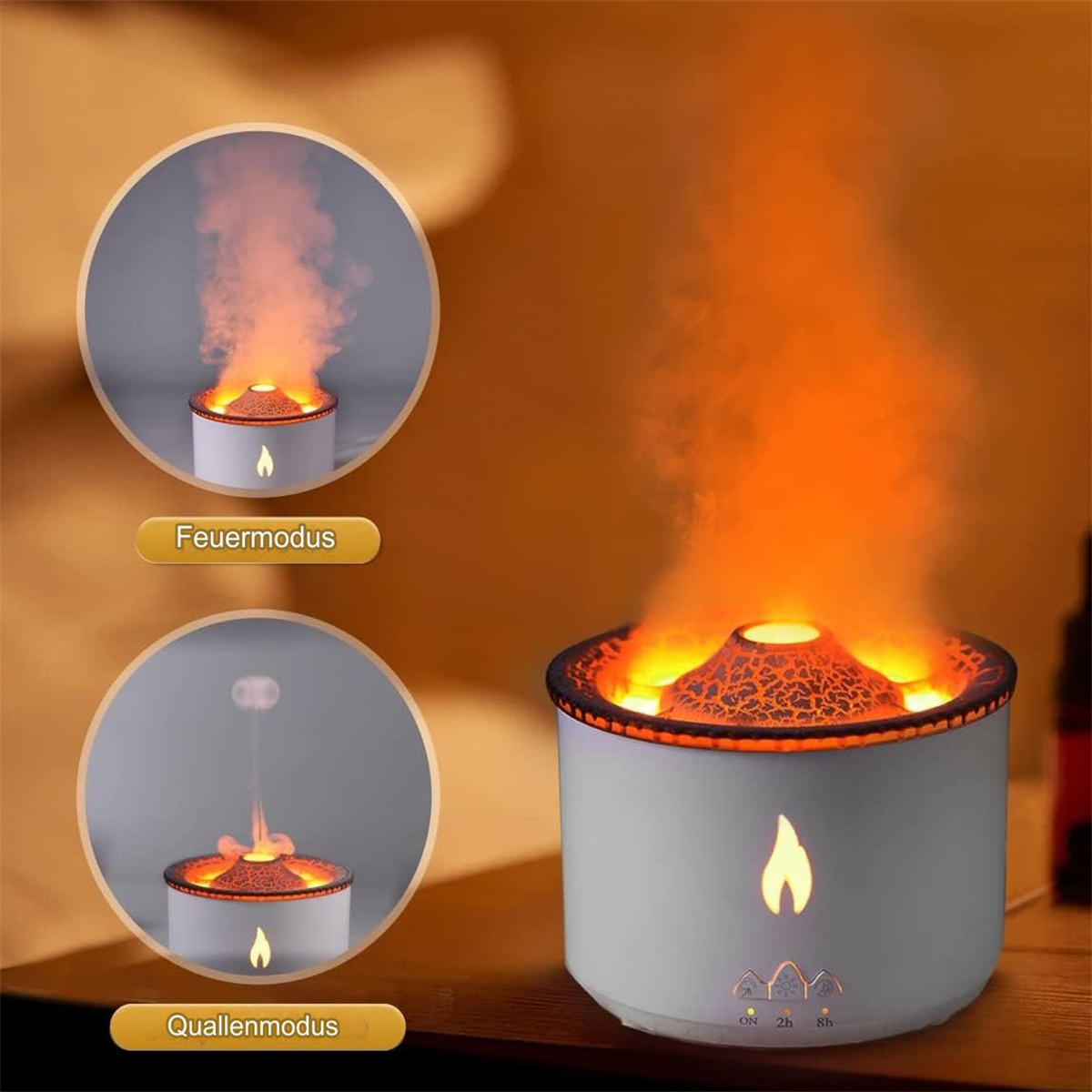 Weiß-grauer, vulkanförmiger Aroma-Diffusor mit Dampf, der zwei Betriebsarten zeigt.
